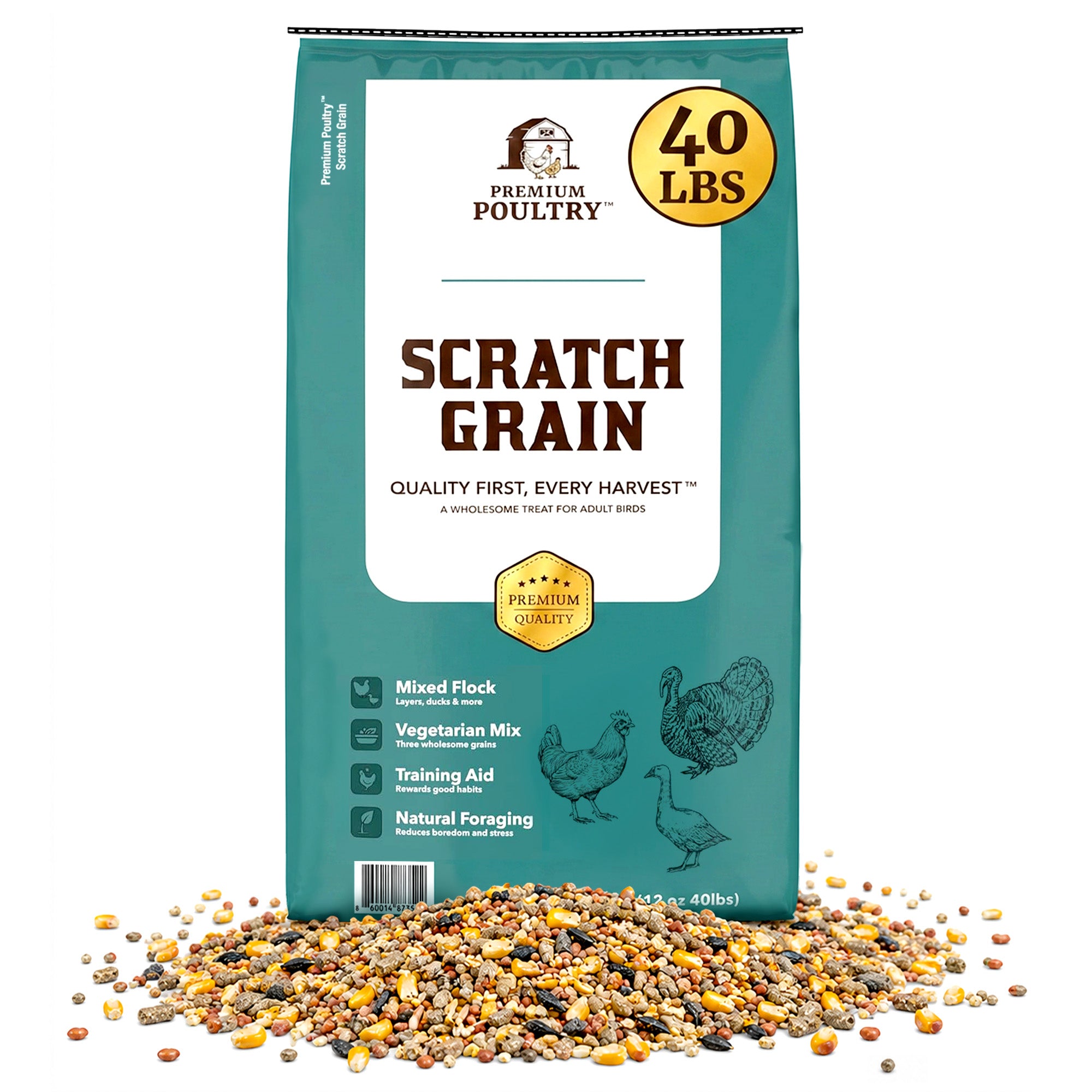 Premium Poultry Scratch Grain for Adult Chickens, Ducks, and Turkeys, 40 Pounds
