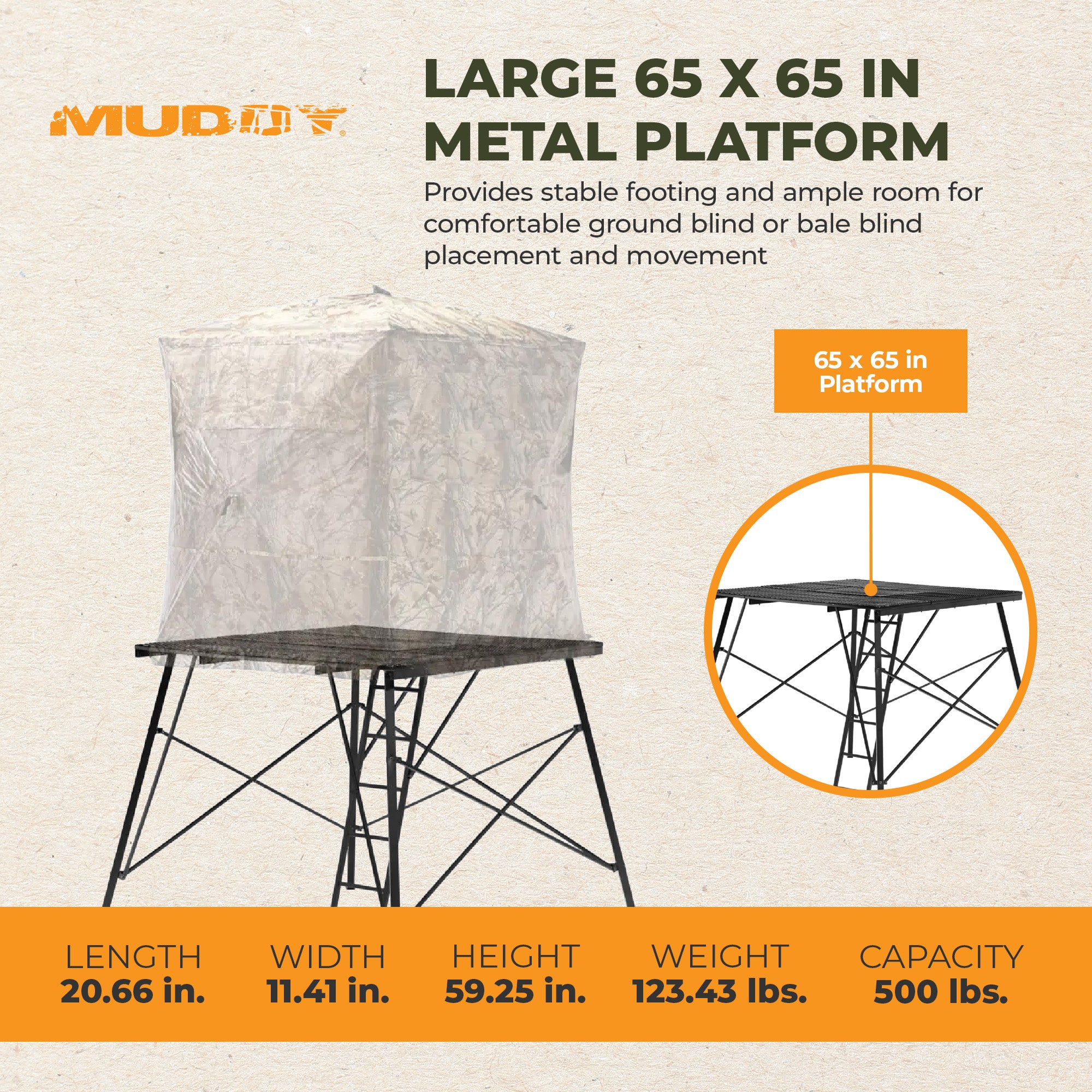 Muddy Ground Blind Platform, 65"L x 65"W Steel Outdoor Hunting Trap (Open Box)