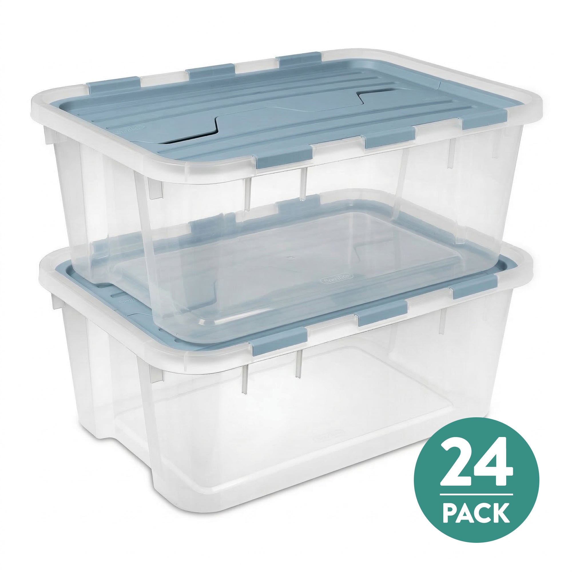 Sterilite 40 Qt Hinged Lid Storage Box, Plastic Container, Washed Blue, 24 Pack - VMInnovations
