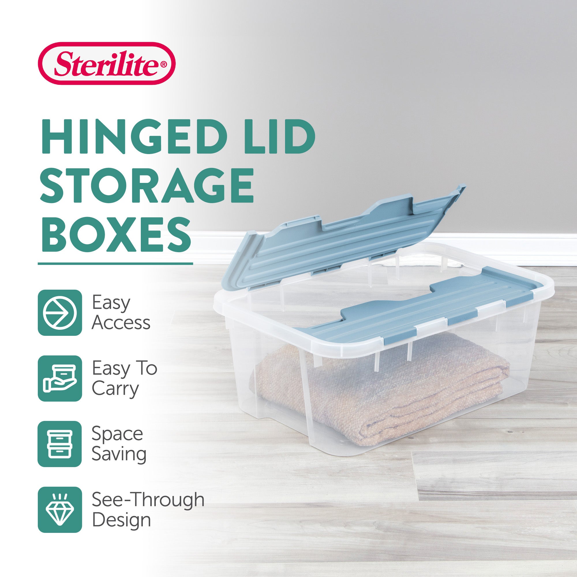 Sterilite 40 Qt Hinged Lid Storage Box, Plastic Container, Washed Blue, 24 Pack