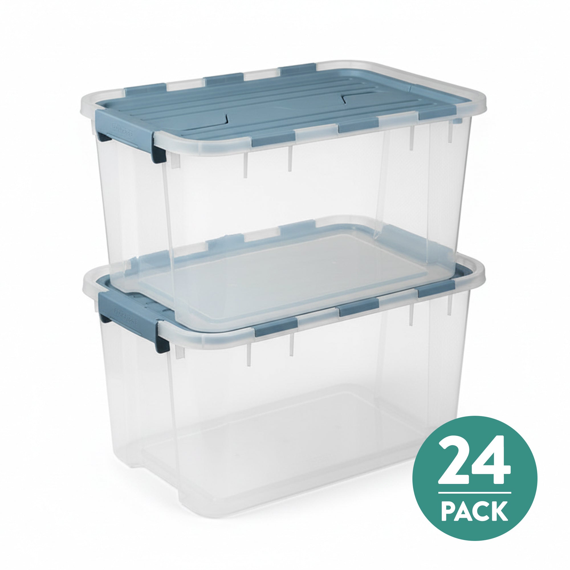 Sterilite 60 Qt Hinged Lid Storage Box, Plastic Container, Washed Blue, 24 Pack