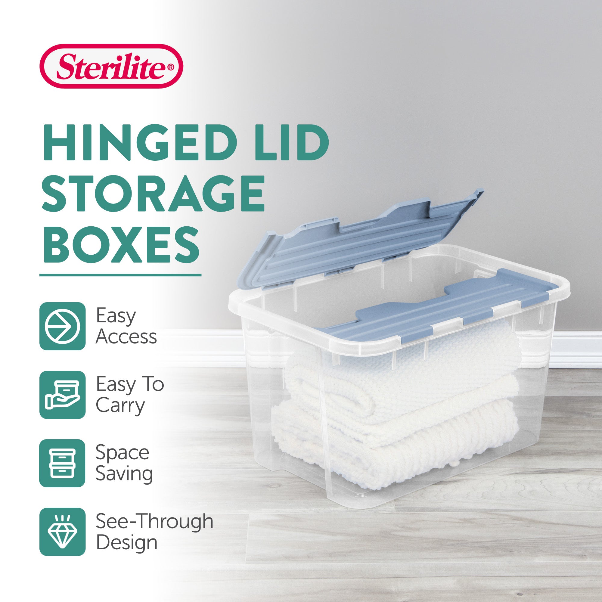 Sterilite 60 Qt Hinged Lid Storage Box, Plastic Container, Washed Blue, 24 Pack