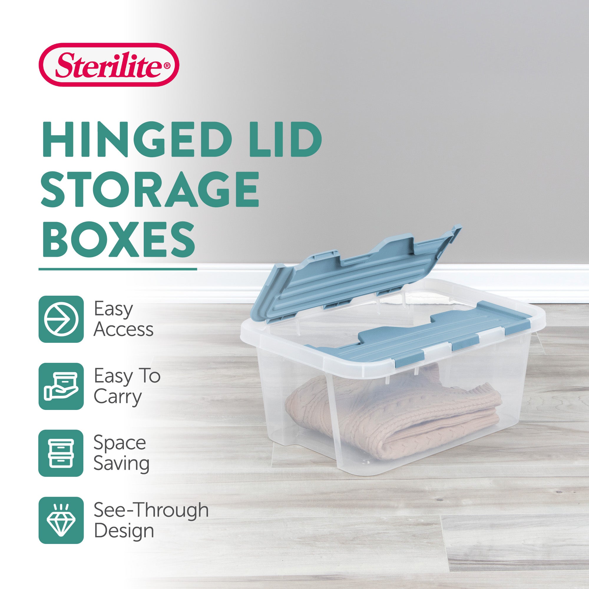 Sterilite 20 Qt Hinged Lid Storage Box, Plastic Container, Washed Blue, 12 Pack
