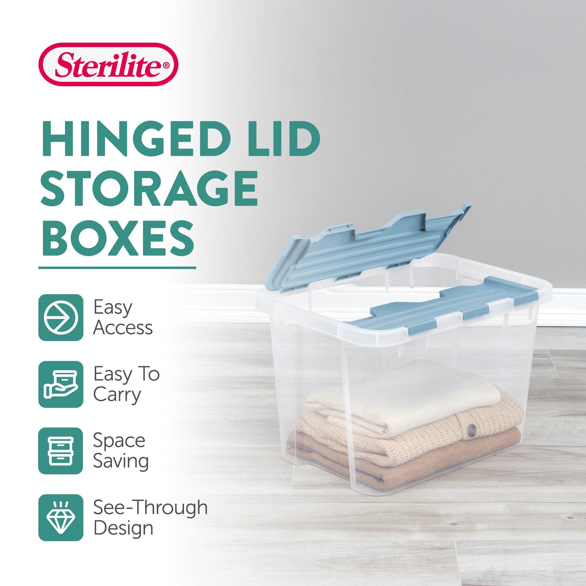 Sterilite 30 Qt Hinged Lid Storage Box, Plastic Container, Washed Blue, 6 Pack