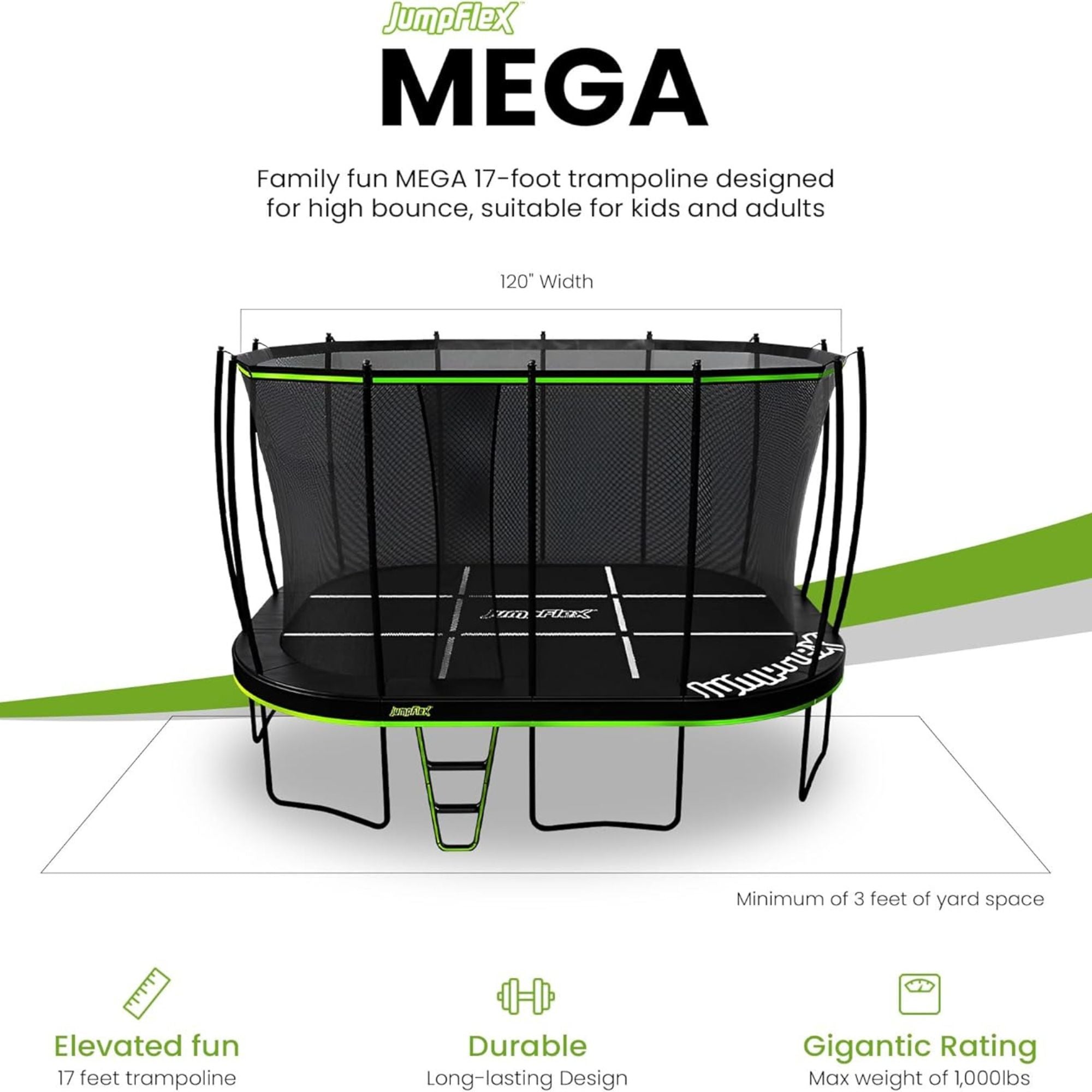 Jumpflex MEGA 17' Trampoline, Outdoor Playset with PROJAM Basketball Hoop, Black