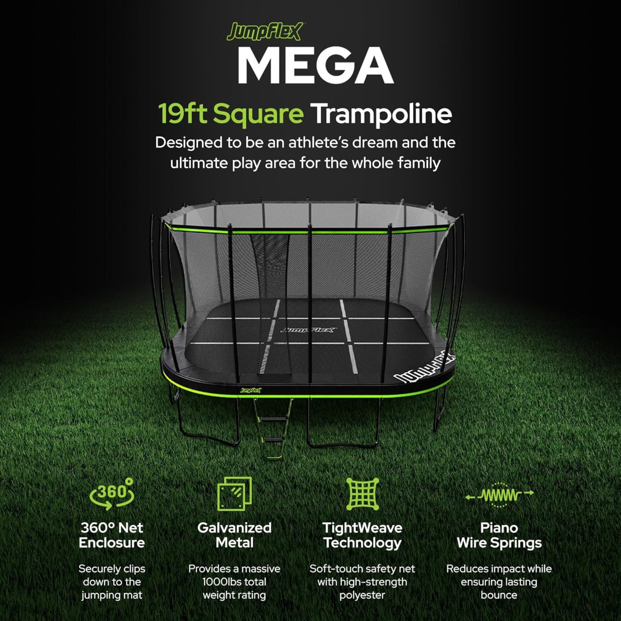 Jumpflex MEGA 19' Trampoline, Outdoor Playset with PROJAM Basketball Hoop, Black