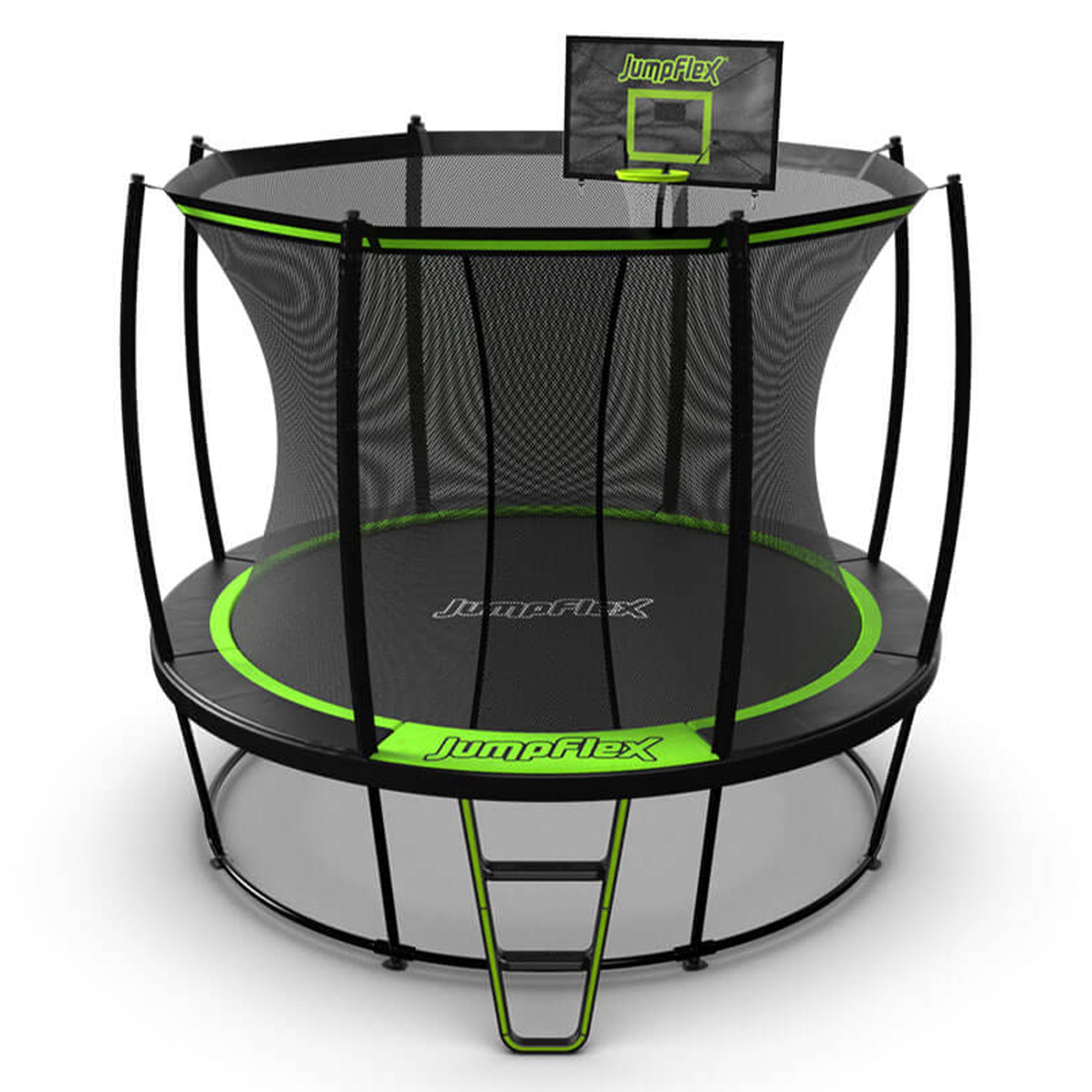 JumpFlex HERO 10' Trampoline w Basketball Hoop, Safety Enclosure, Net Attachment