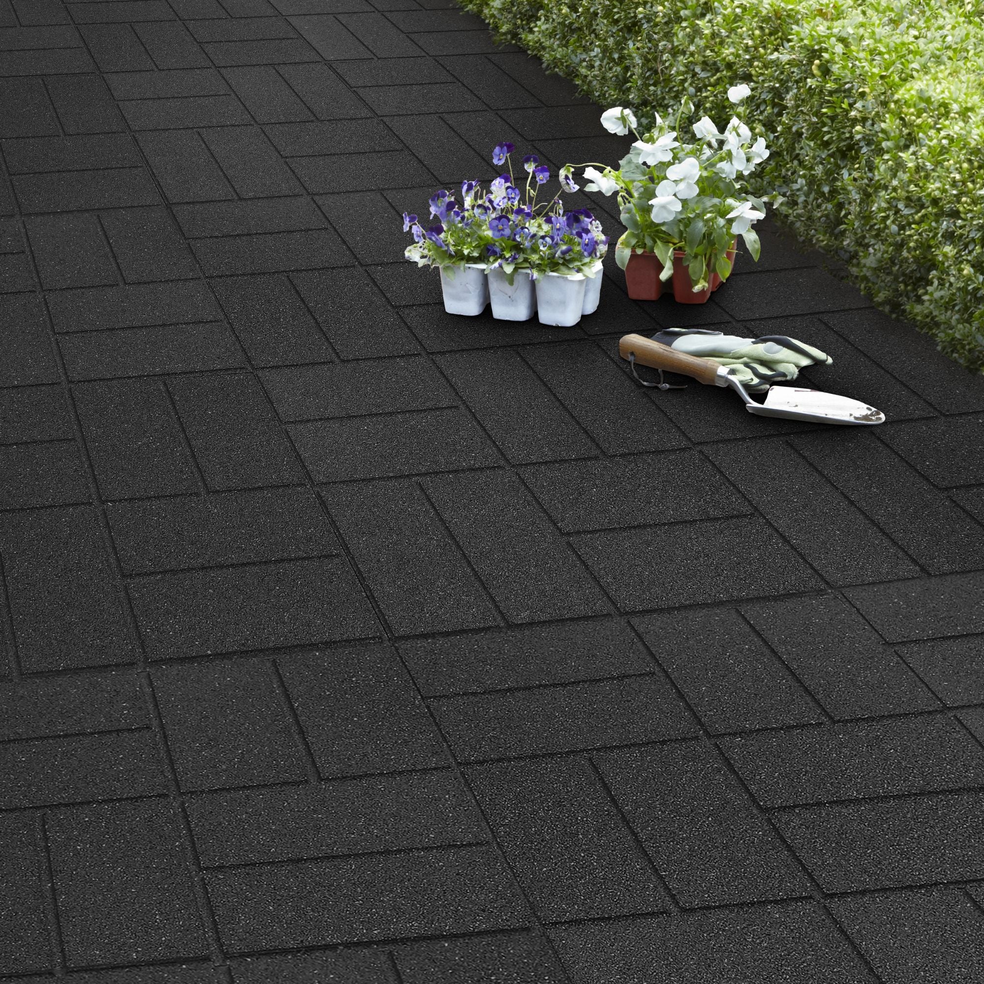 Tierra Verde 16" x 16" Brick Rubber Paver, Outdoor Floor Tiles, Black, 4 Pack - VMInnovations