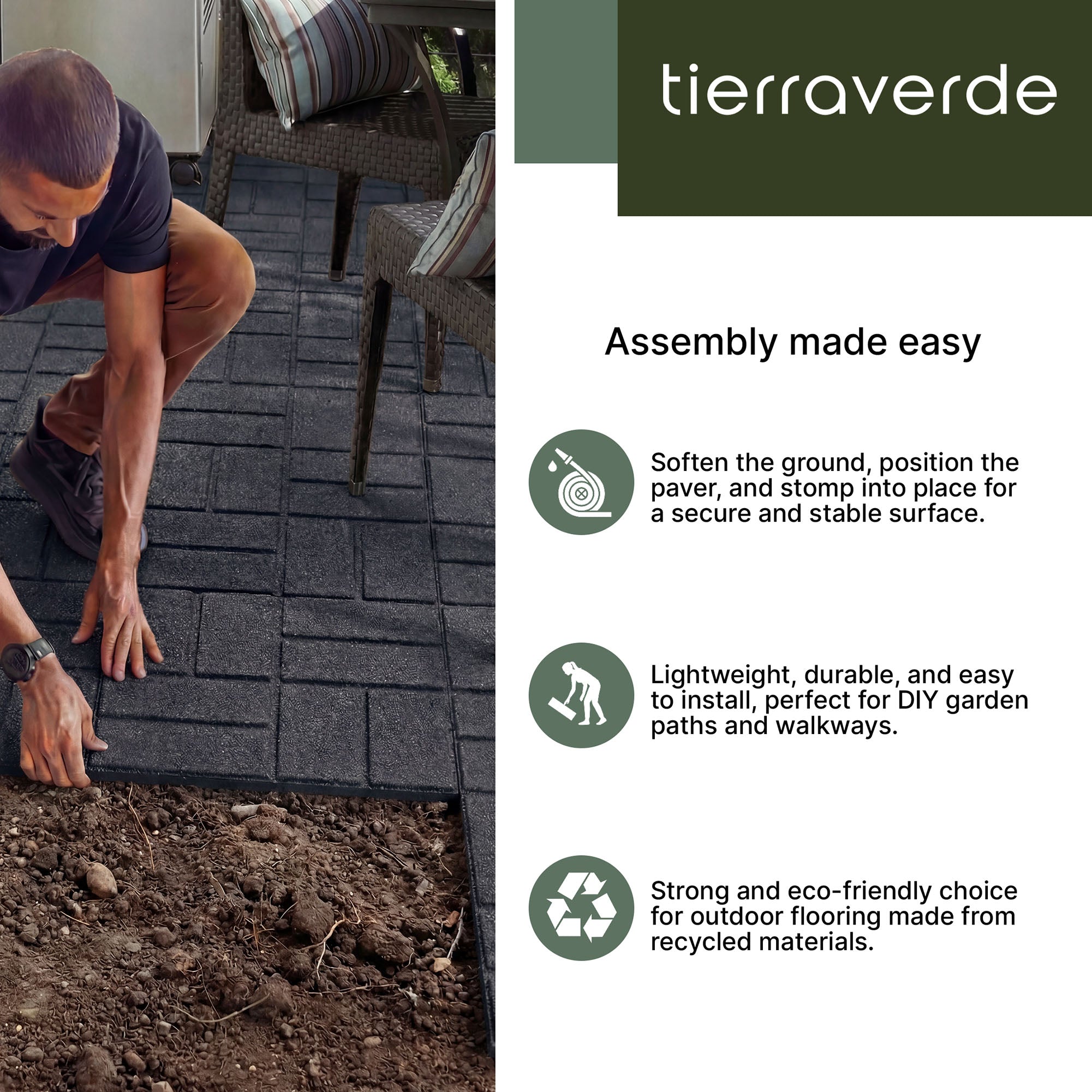Tierra Verde 16" x 16" Brick Rubber Paver, Outdoor Floor Tiles, Grey, 4 Pack - VMInnovations