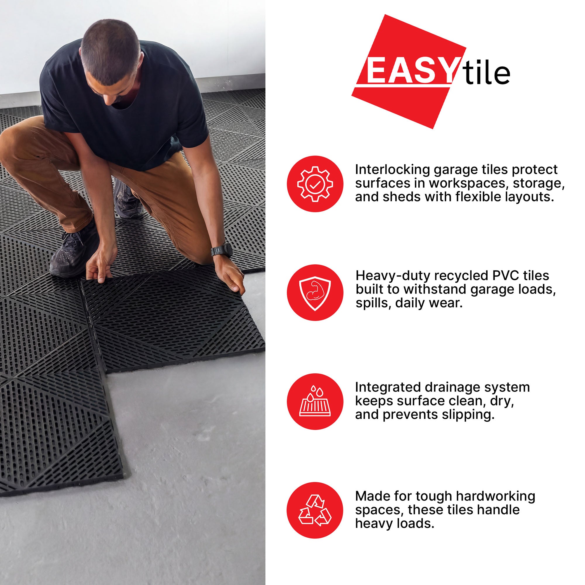 EasyTile 12 Pack Interlocking Modular Tiles with Drainage, 18x18 Inches, Black