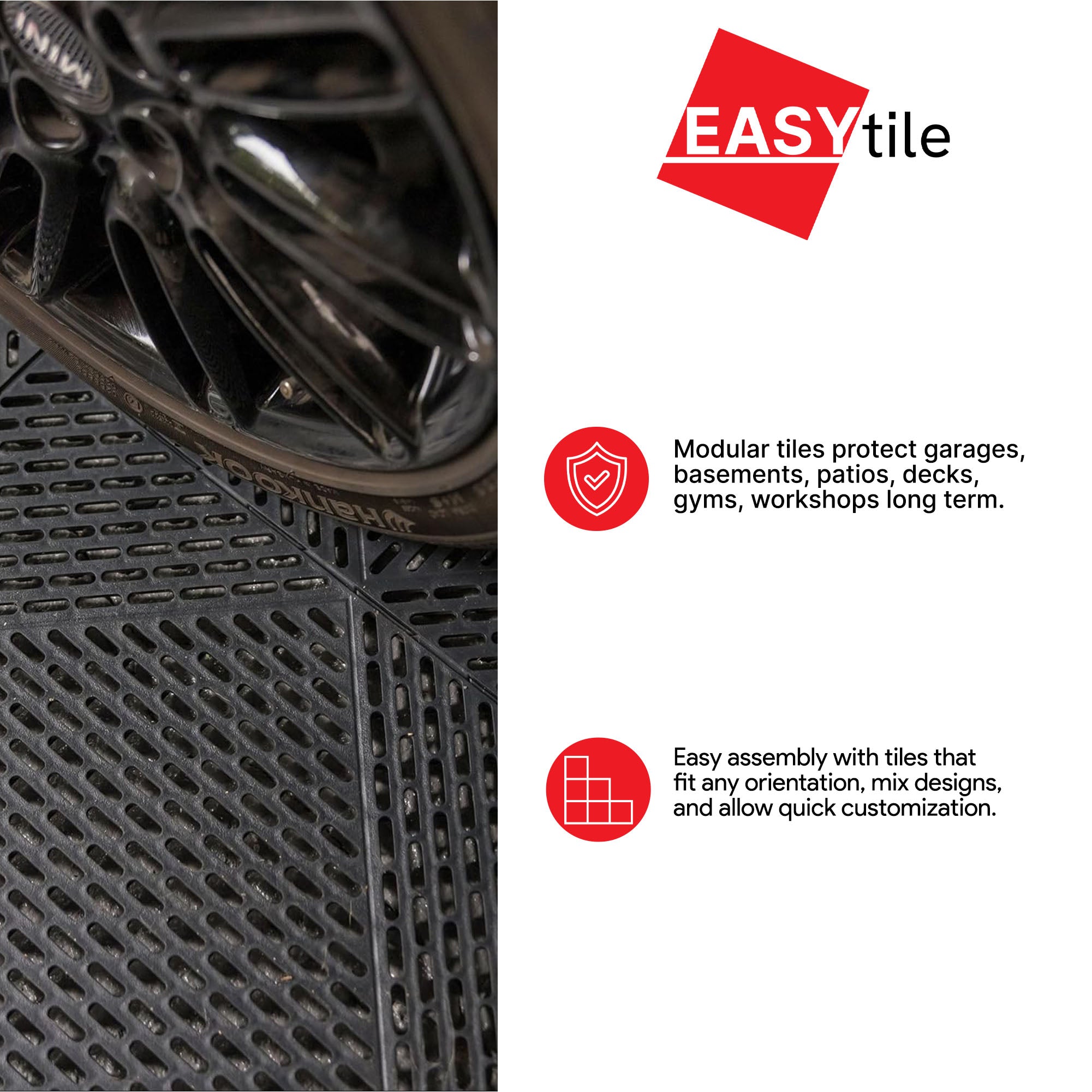 EasyTile 12 Pack Interlocking Modular Tiles with Drainage, 18x18 Inches, Black