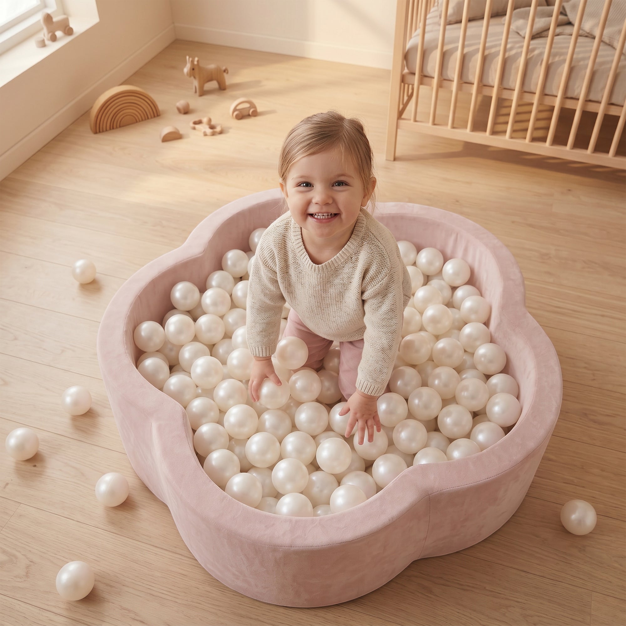 KIDKII Flower Ball Pit Velvet Indoor Play Toy for Toddlers, 200 Balls, Pink - VMInnovations