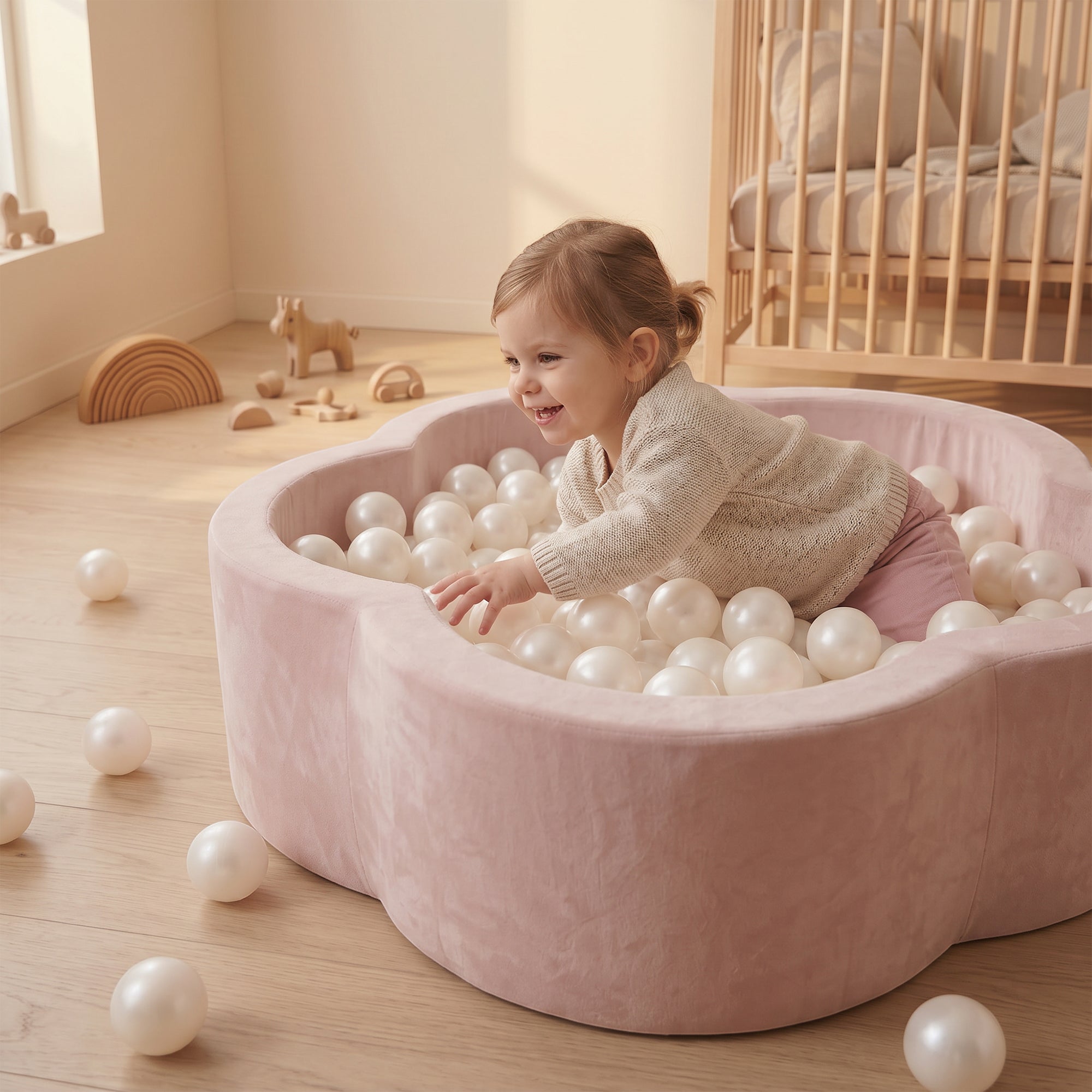 KIDKII Flower Ball Pit Velvet Indoor Play Toy for Toddlers, 200 Balls, Pink - VMInnovations