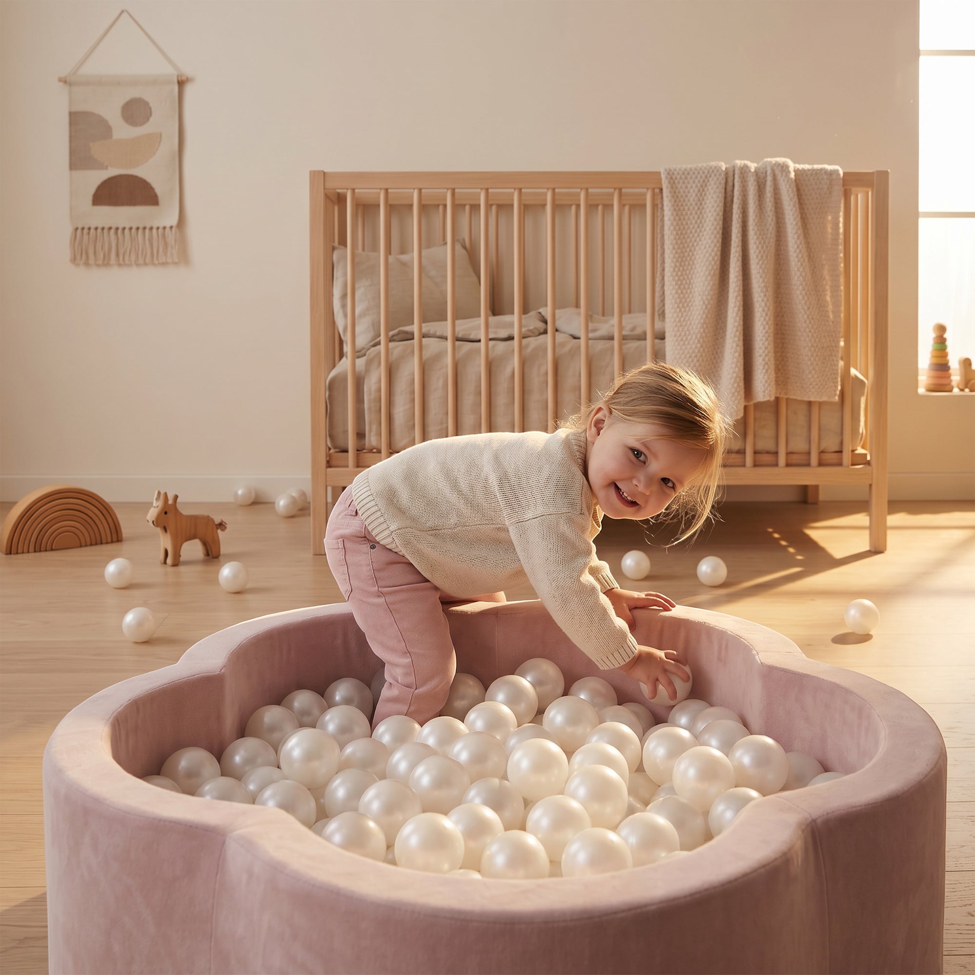 KIDKII Flower Ball Pit Velvet Indoor Play Toy for Toddlers, 200 Balls, Pink - VMInnovations