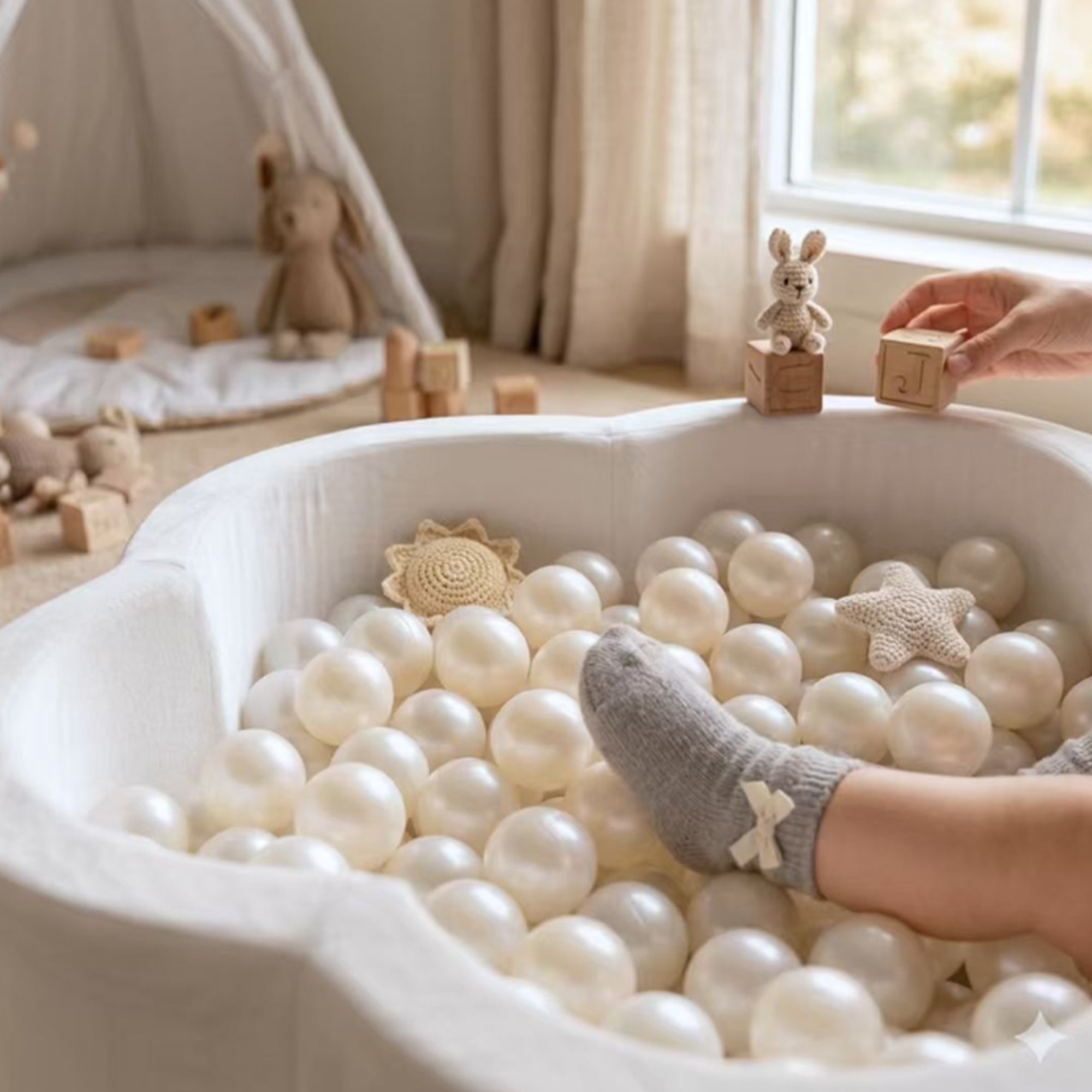 KIDKII Flower Ball Pit Velvet Indoor Play Toy for Toddlers, 200 Balls, Creme - VMInnovations