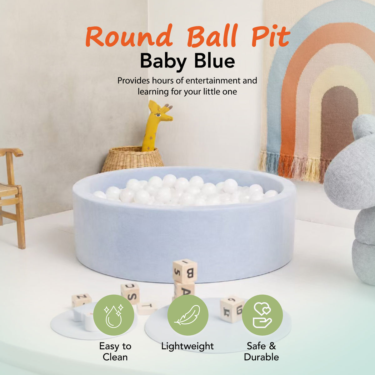 KIDKII Round Ball Pit Soft Velvet Indoor Play Toy for Toddlers, 200 Balls, Blue