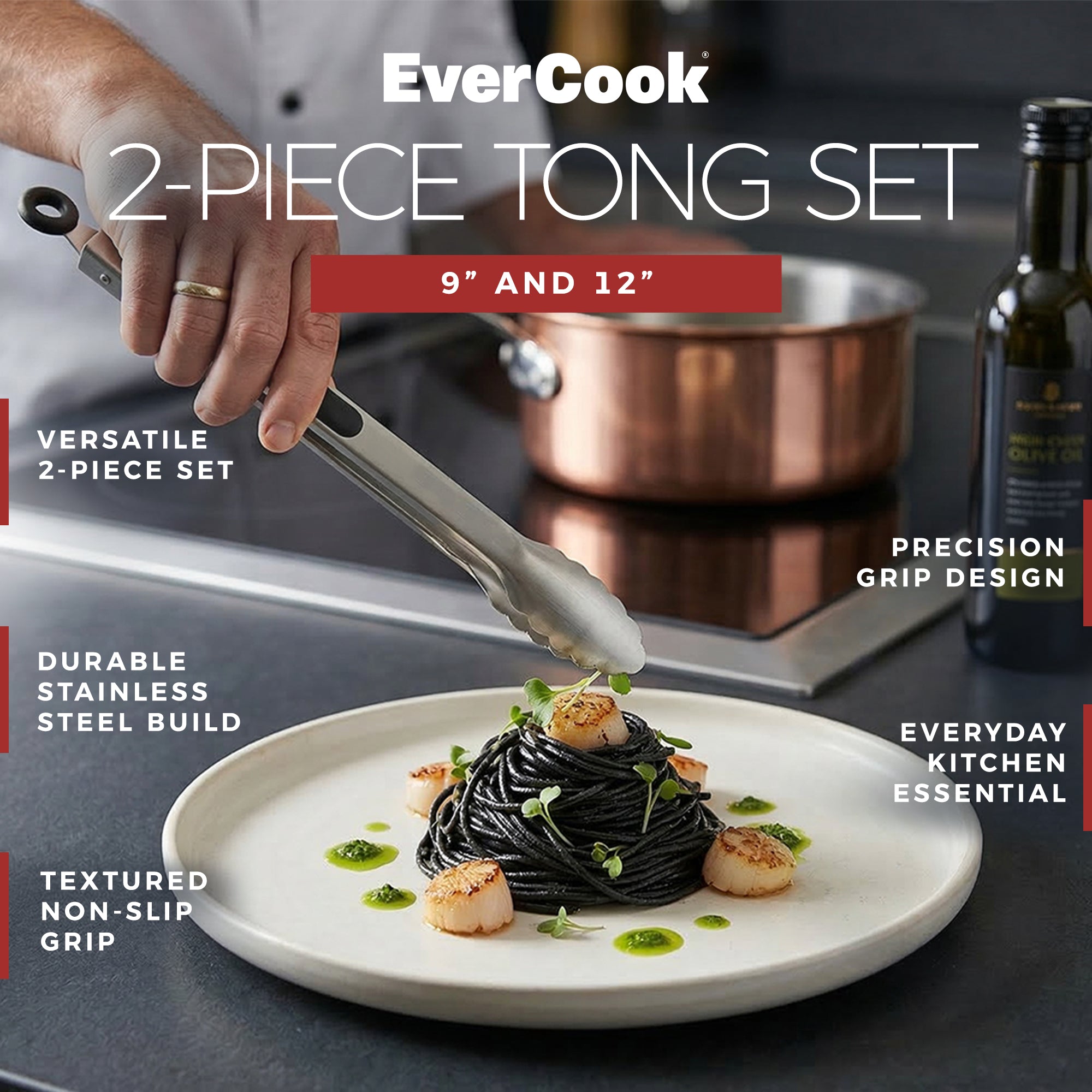 EverCook 2-Piece Stainless Steel Tong Set, 9” and 12” with Non-Slip TPR Grip - VMInnovations