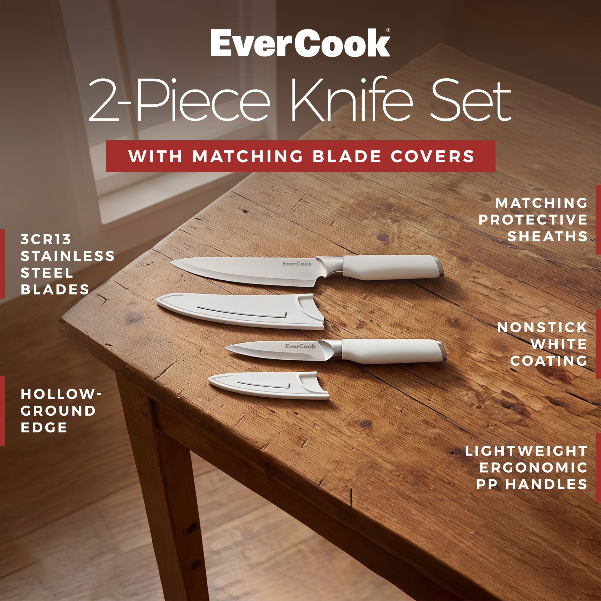 EverCook 4-Piece Knife Set with Blade Sheaths, Stainless Steel Cutlery, White - VMInnovations