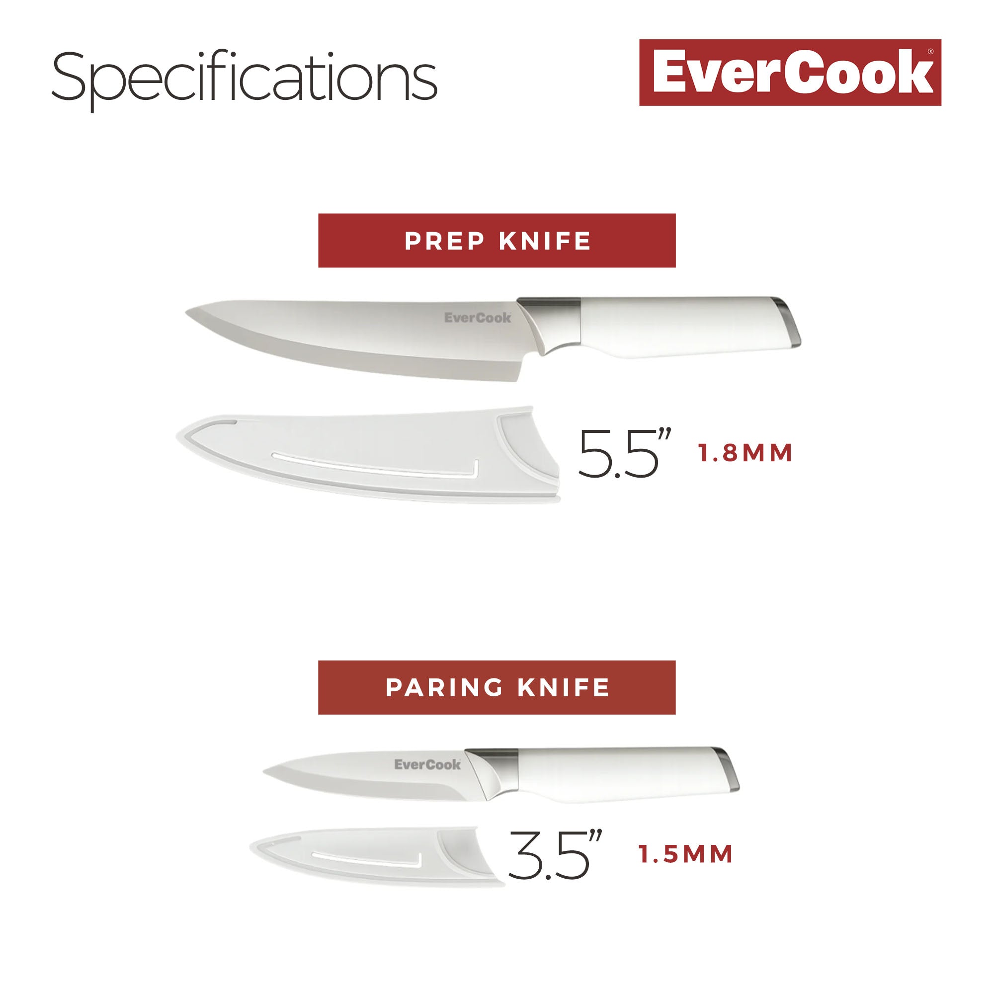 EverCook 4-Piece Knife Set with Blade Sheaths, Stainless Steel Cutlery, White - VMInnovations