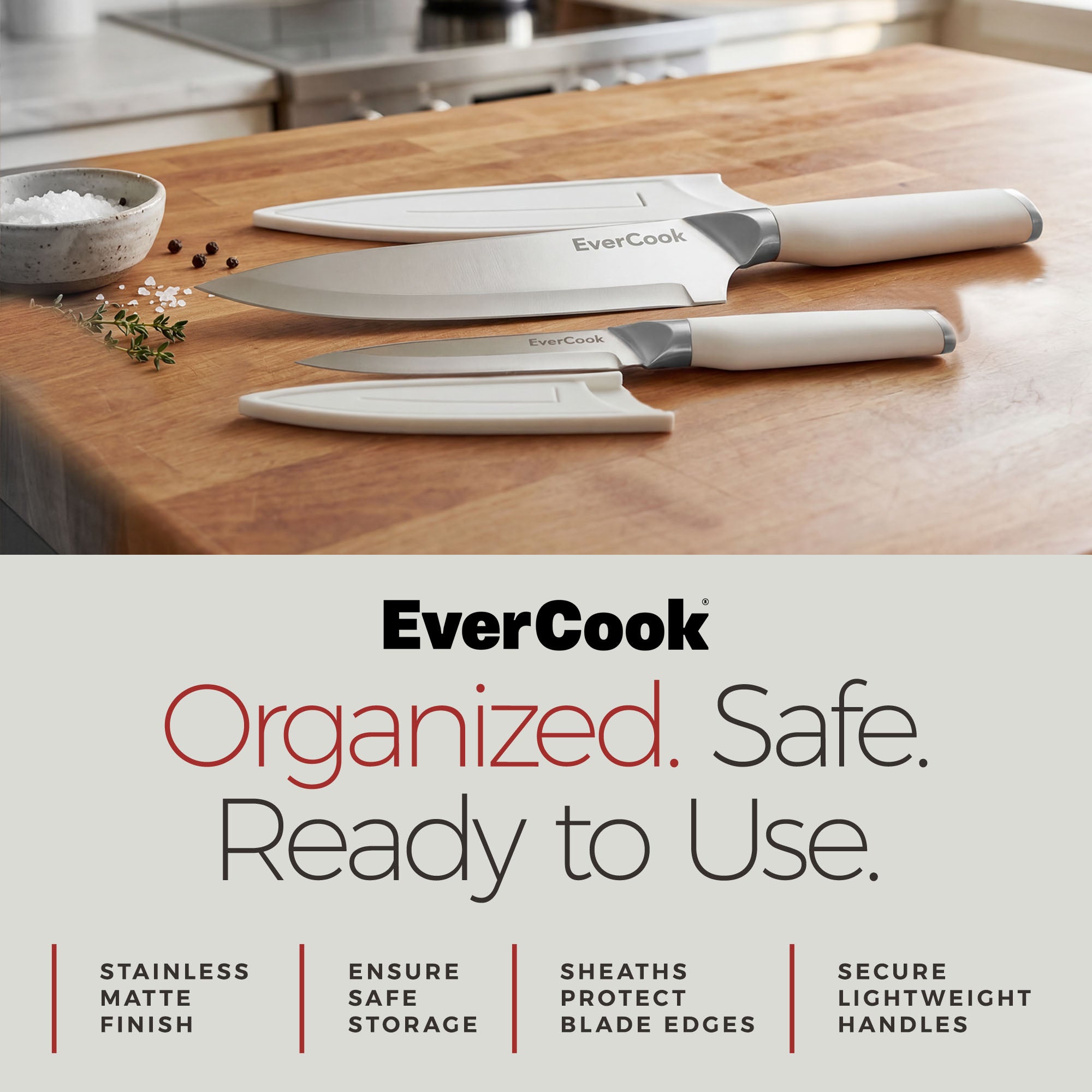 EverCook 4-Piece Knife Set with Blade Sheaths, Stainless Steel Cutlery, White - VMInnovations