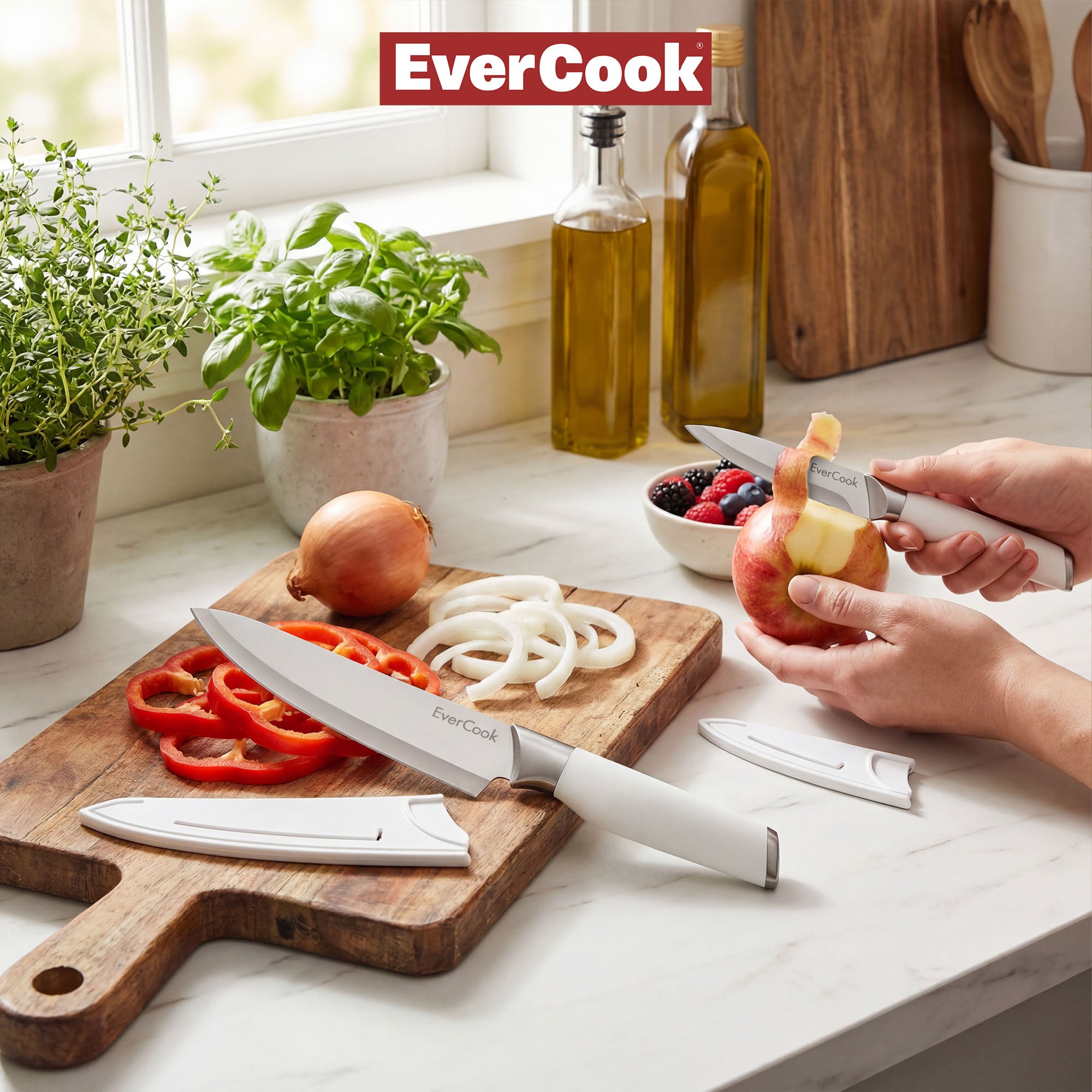 EverCook 4-Piece Knife Set with Blade Sheaths, Stainless Steel Cutlery, White - VMInnovations