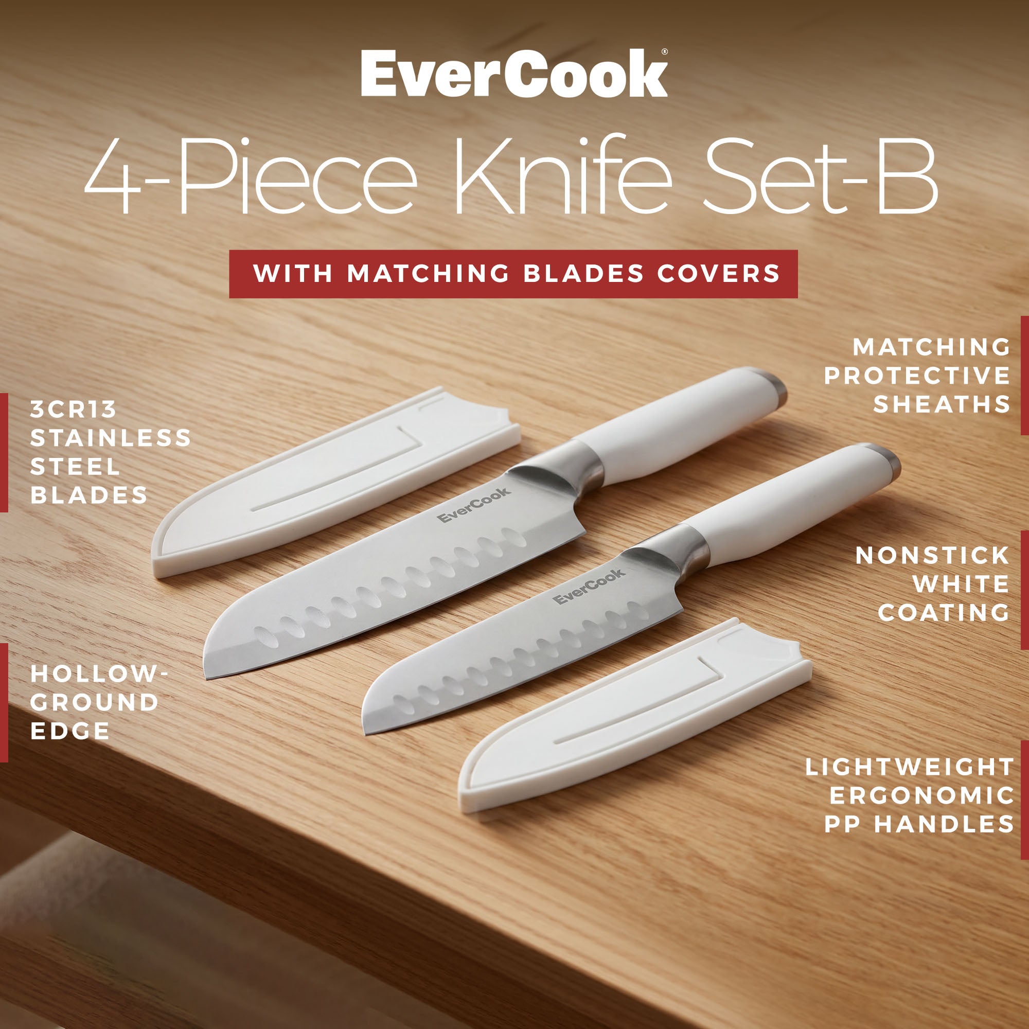 EverCook 4-Piece Knife Set with Blade Sheaths, Stainless Steel Cutlery, White