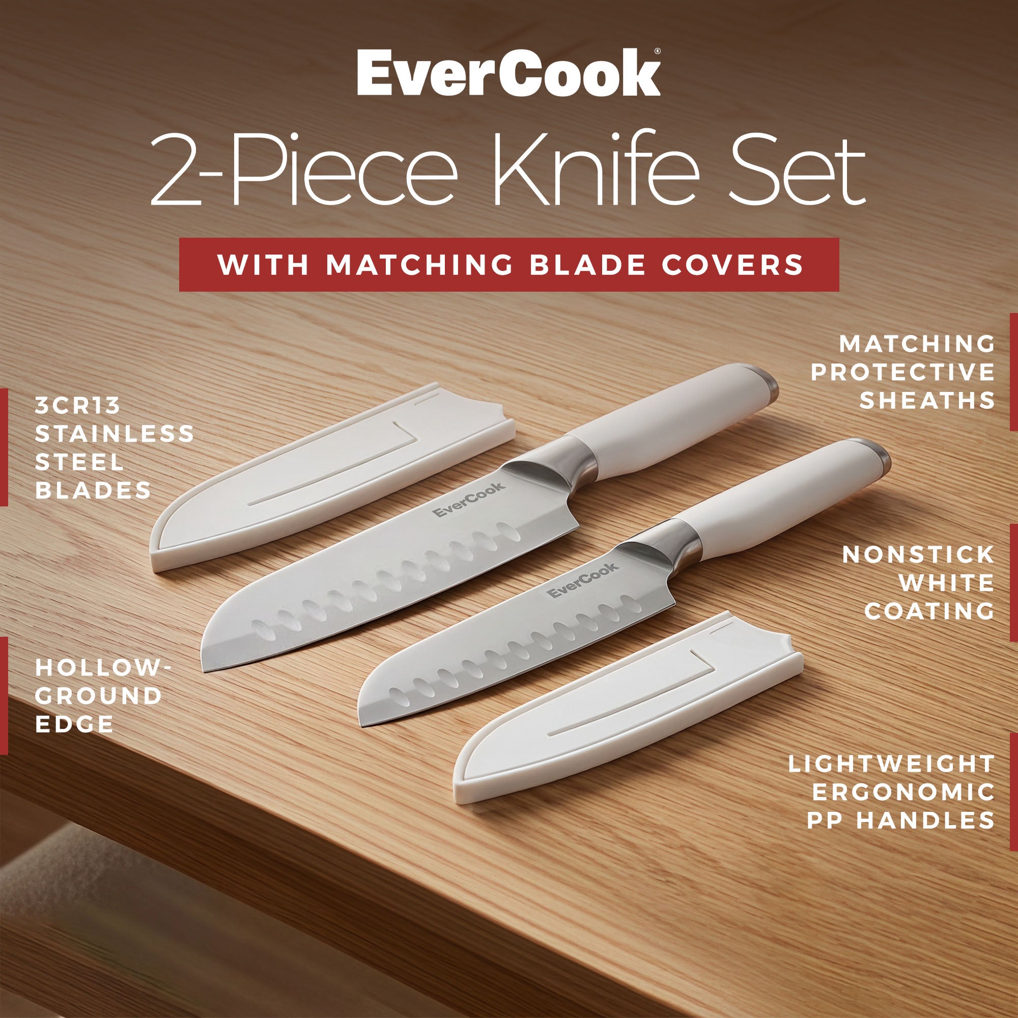 EverCook 4-Piece Knife Set with Blade Sheaths, Stainless Steel Cutlery, White - VMInnovations