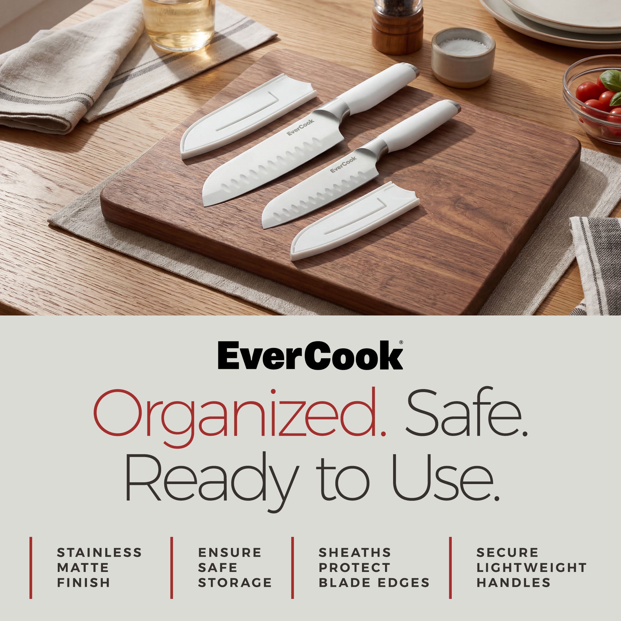 EverCook 4-Piece Knife Set with Blade Sheaths, Stainless Steel Cutlery, White - VMInnovations