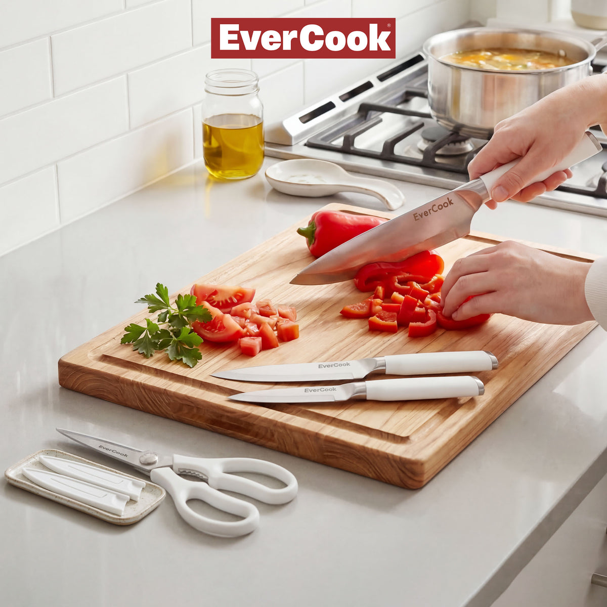 EverCook 7-Piece Knife Set with Sheaths and Scissors, Stainless Steel Cutlery (Open Box)