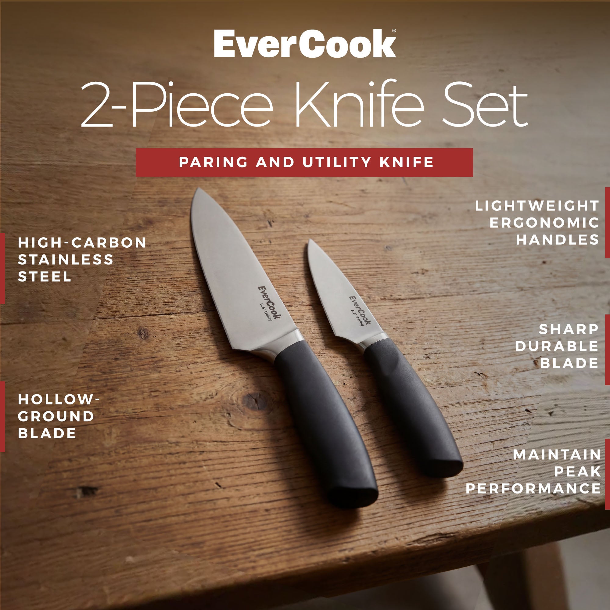 EverCook 3.5” Paring Knife and 5.5” Utility Knife Set, Stainless Steel Cutlery - VMInnovations