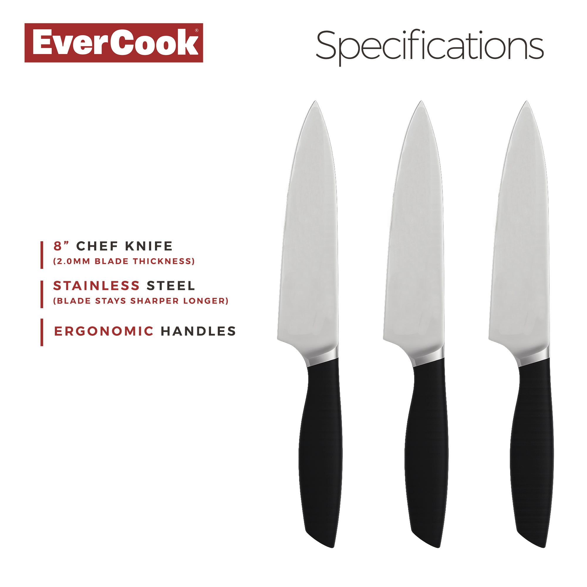EverCook 3-Piece 8-Inch Chef Knife Set, Stainless Steel Blades, Black/Silver - VMInnovations