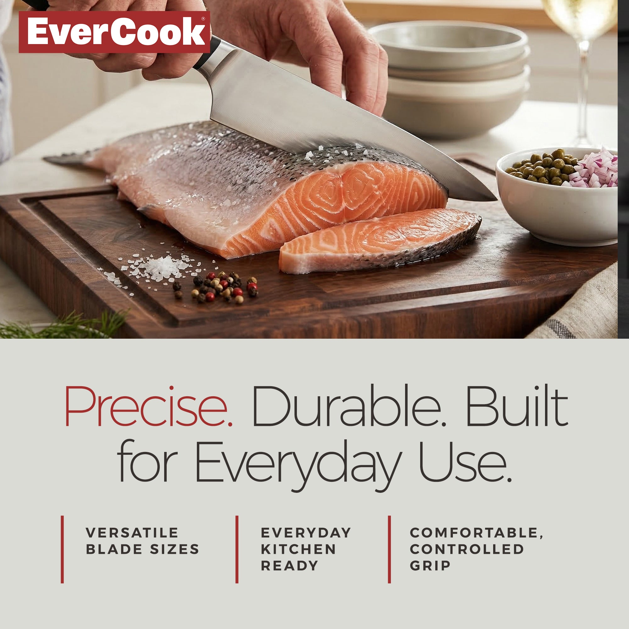 EverCook 3-Piece 8-Inch Chef Knife Set, Stainless Steel Blades, Black/Silver - VMInnovations