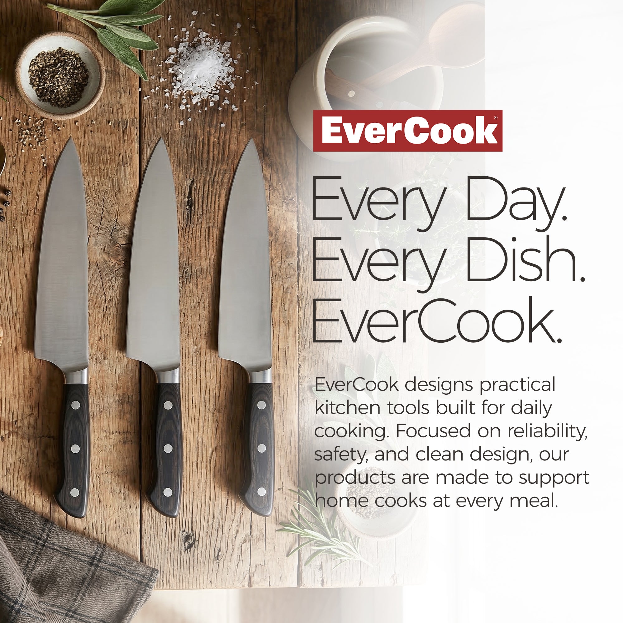 EverCook 3-Piece 8-Inch Chef Knife Set, Stainless Steel Blades, Black/Silver - VMInnovations