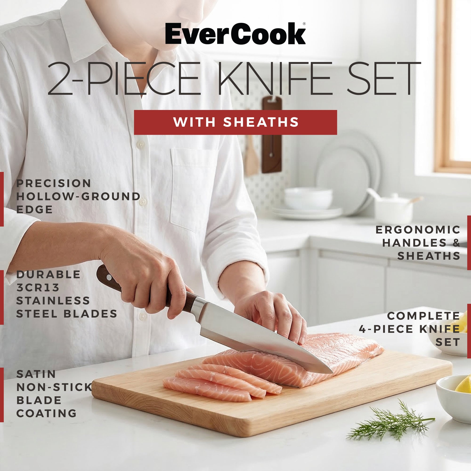 EverCook 4-Piece Kitchen Knife Set with Blade Sheaths, 2.0 mm Stainless Steel
