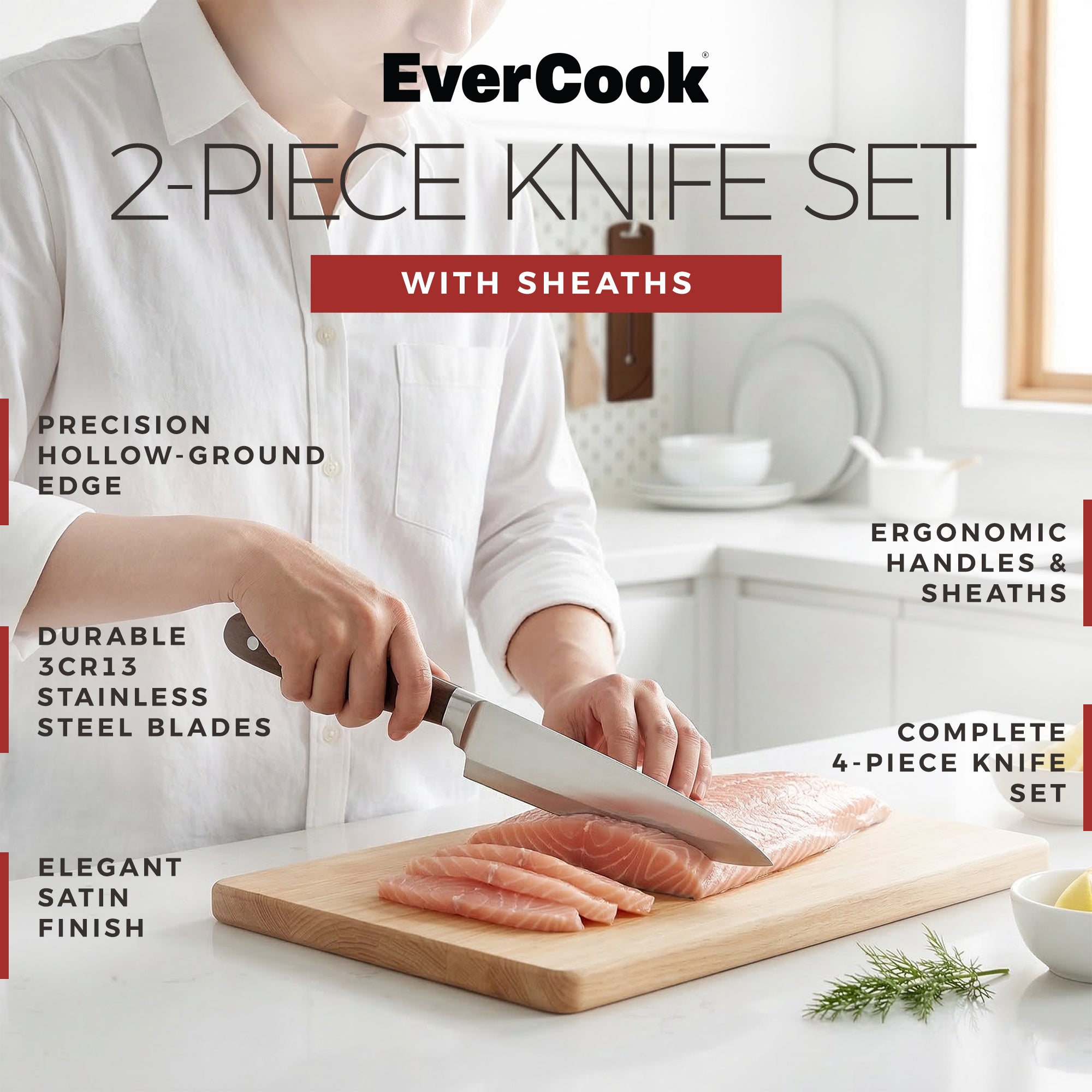 EverCook 4-Piece Kitchen Knife Set with Blade Sheaths, 1.5/2 mm Stainless Steel - VMInnovations