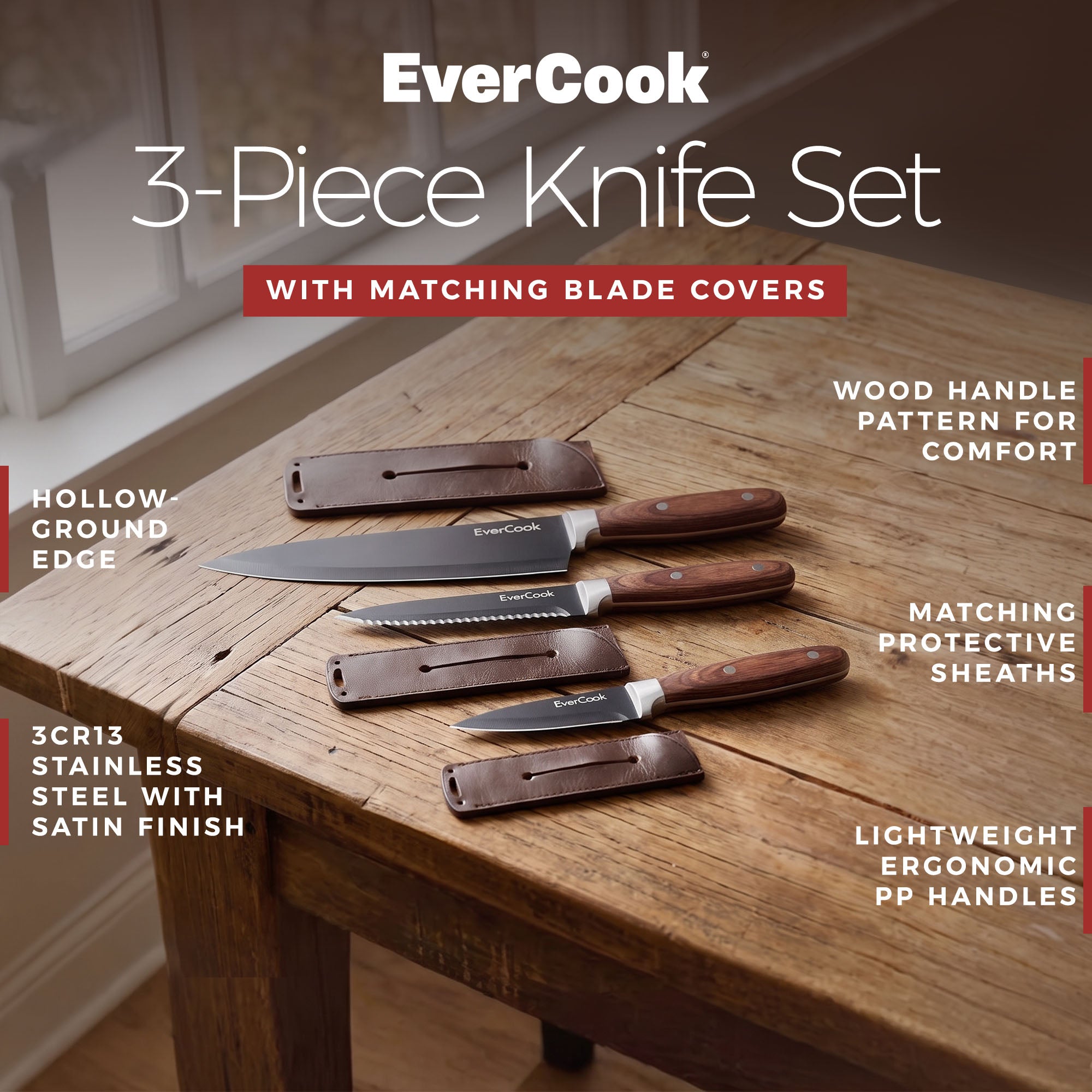 EverCook 6Pc Kitchen Knife Set w/ Blade Sheaths, 1.5/2 mm Black Stainless Steel - VMInnovations