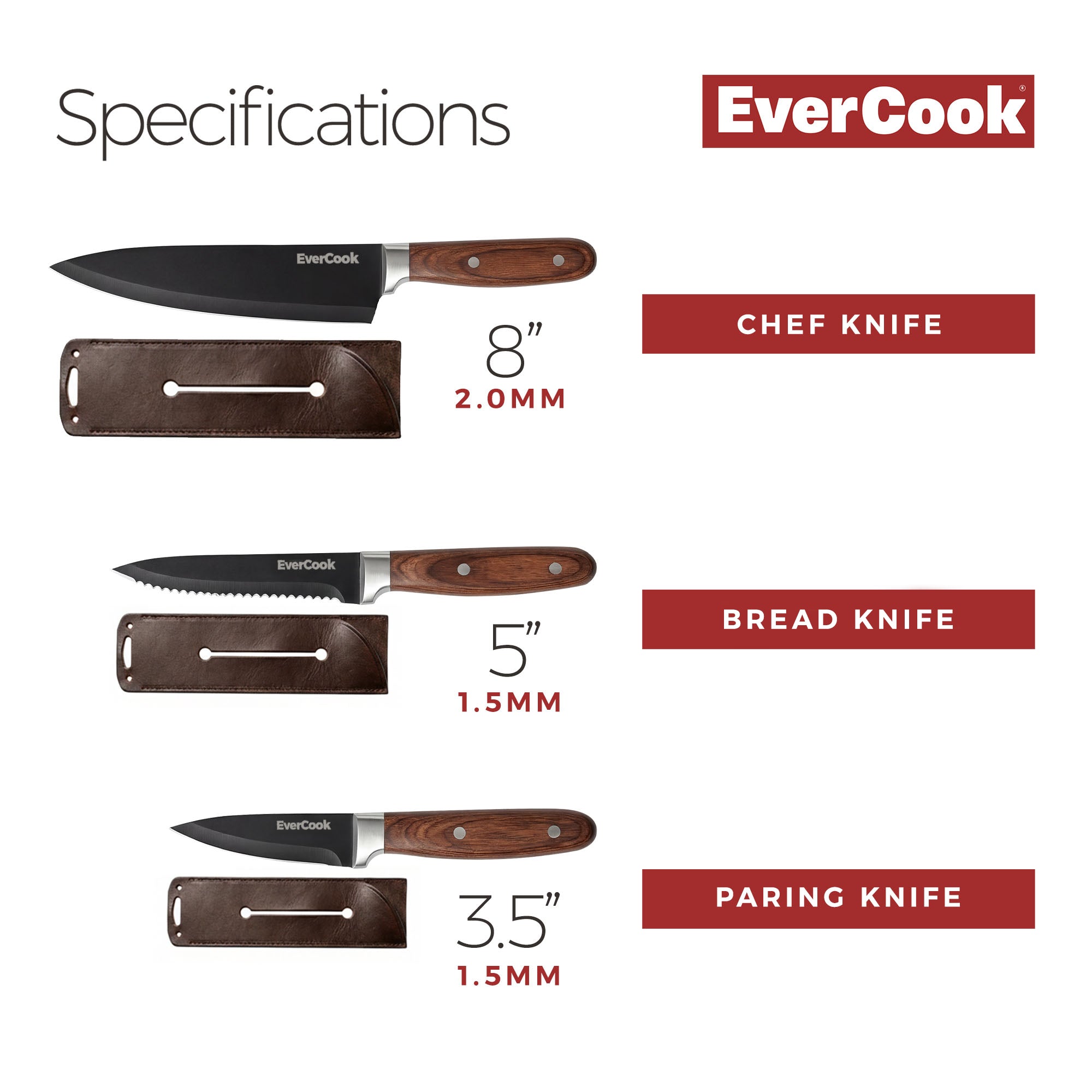 EverCook 6Pc Kitchen Knife Set w/ Blade Sheaths, 1.5/2 mm Black Stainless Steel - VMInnovations