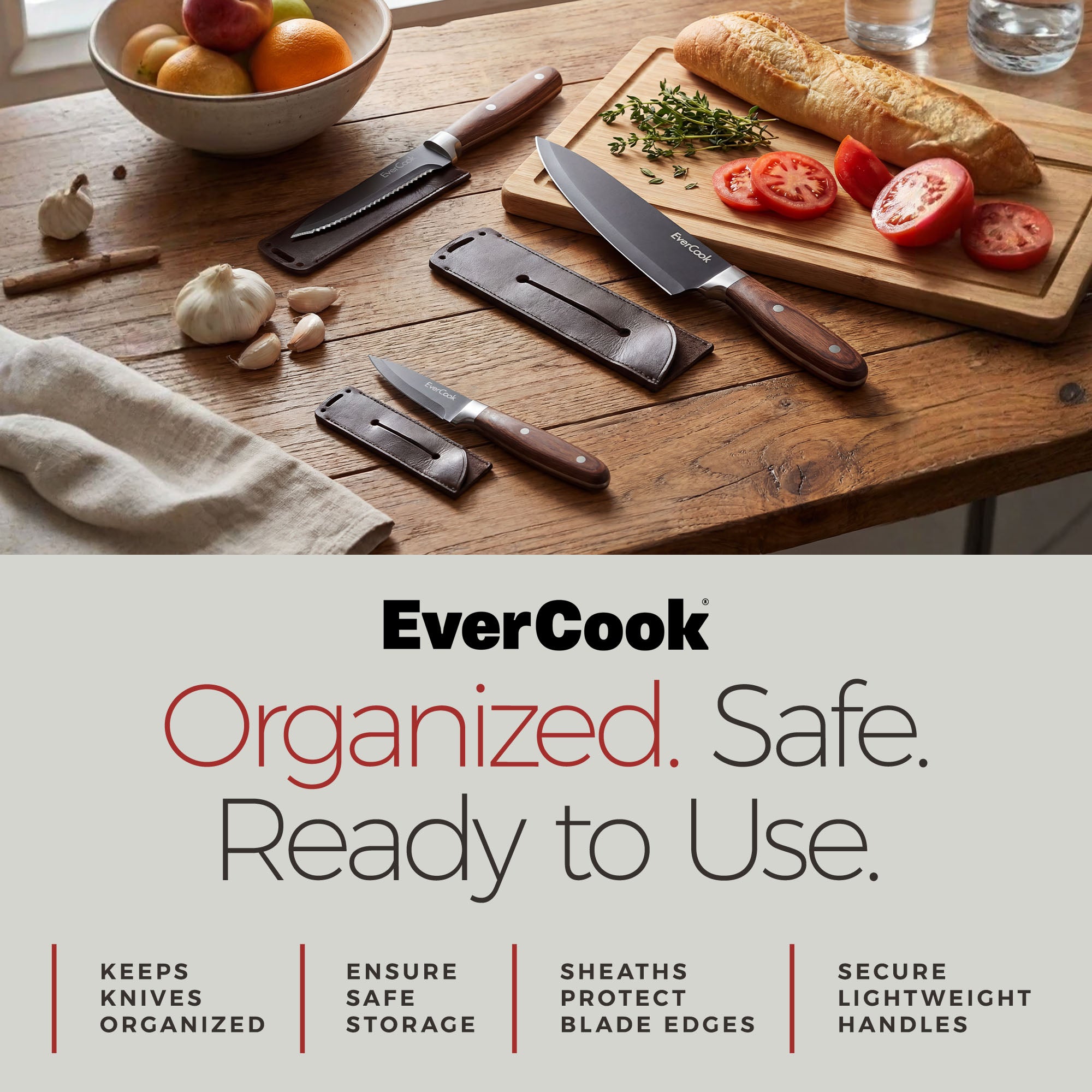 EverCook 6Pc Kitchen Knife Set w/ Blade Sheaths, 1.5/2 mm Black Stainless Steel - VMInnovations