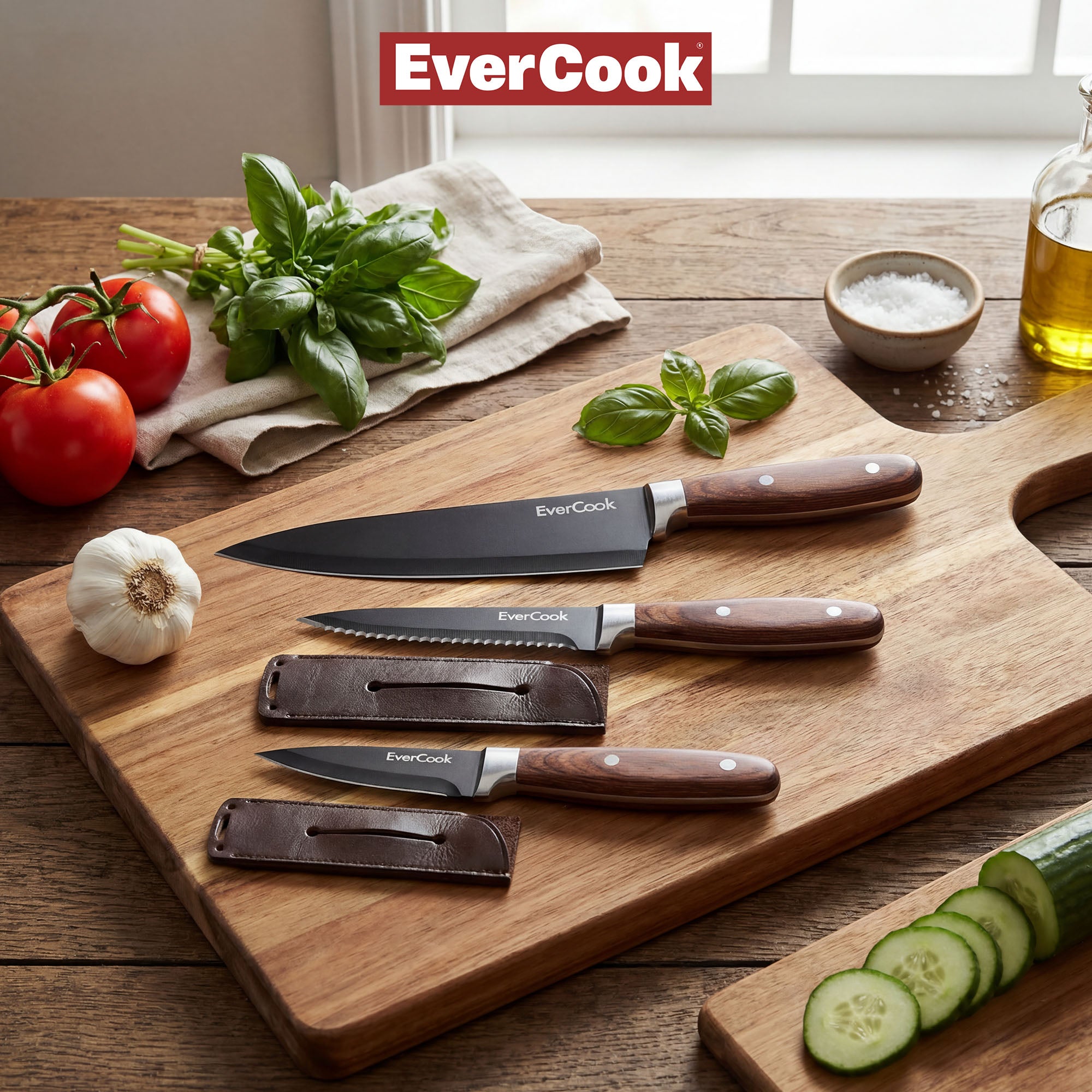 EverCook 6Pc Kitchen Knife Set w/ Blade Sheaths, 1.5/2 mm Black Stainless Steel - VMInnovations