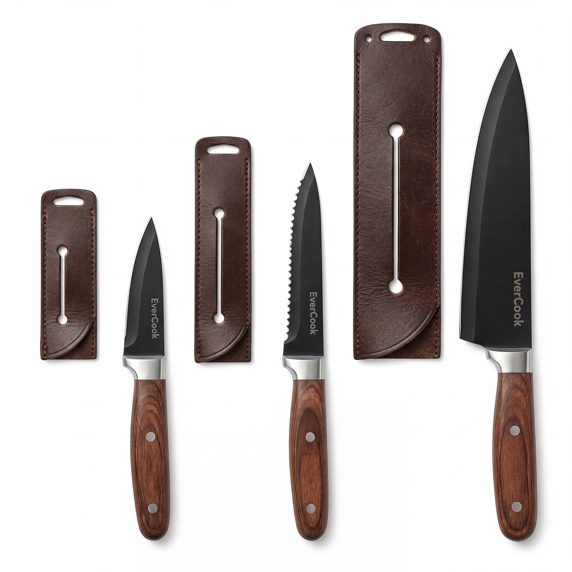 EverCook 6Pc Kitchen Knife Set w/ Blade Sheaths, 1.5/2 mm Black Stainless Steel - VMInnovations
