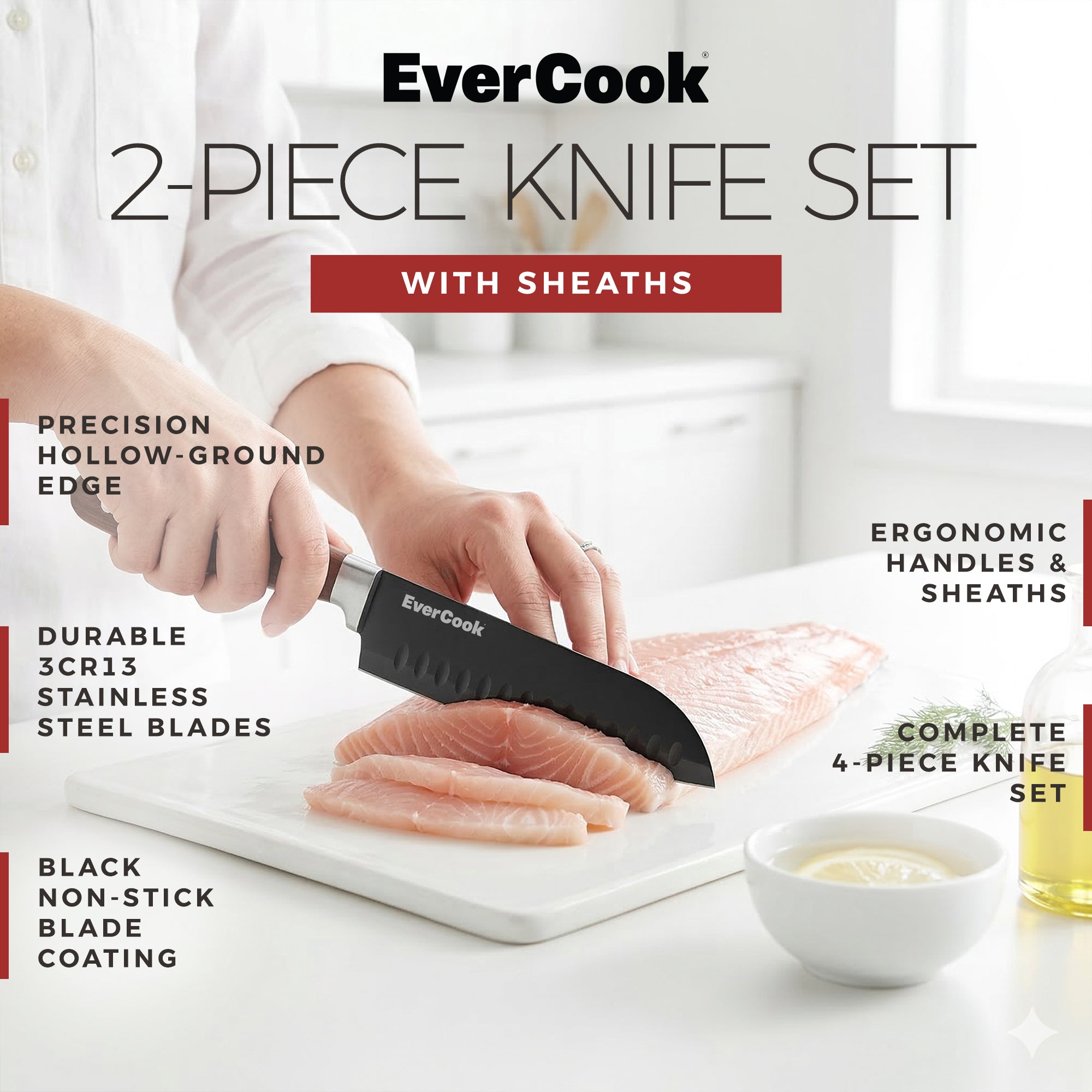 EverCook 4Pc Kitchen Knife Set with Blade Sheaths, 2.0 mm Black Stainless Steel