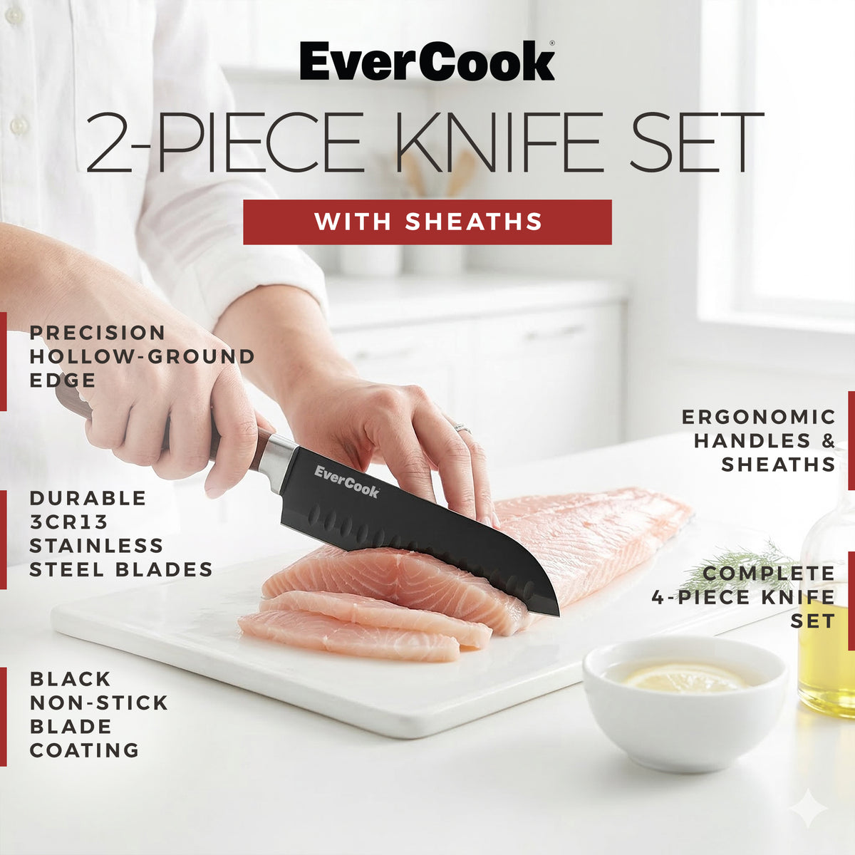 EverCook 4Pc Kitchen Knife Set with Blade Sheaths, 2.0 mm Black Stainless Steel - VMInnovations