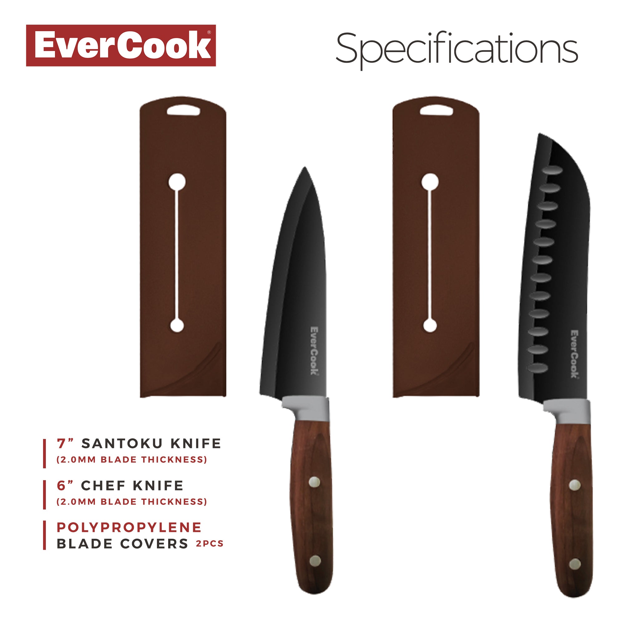 EverCook 4Pc Kitchen Knife Set with Blade Sheaths, 2.0 mm Black Stainless Steel