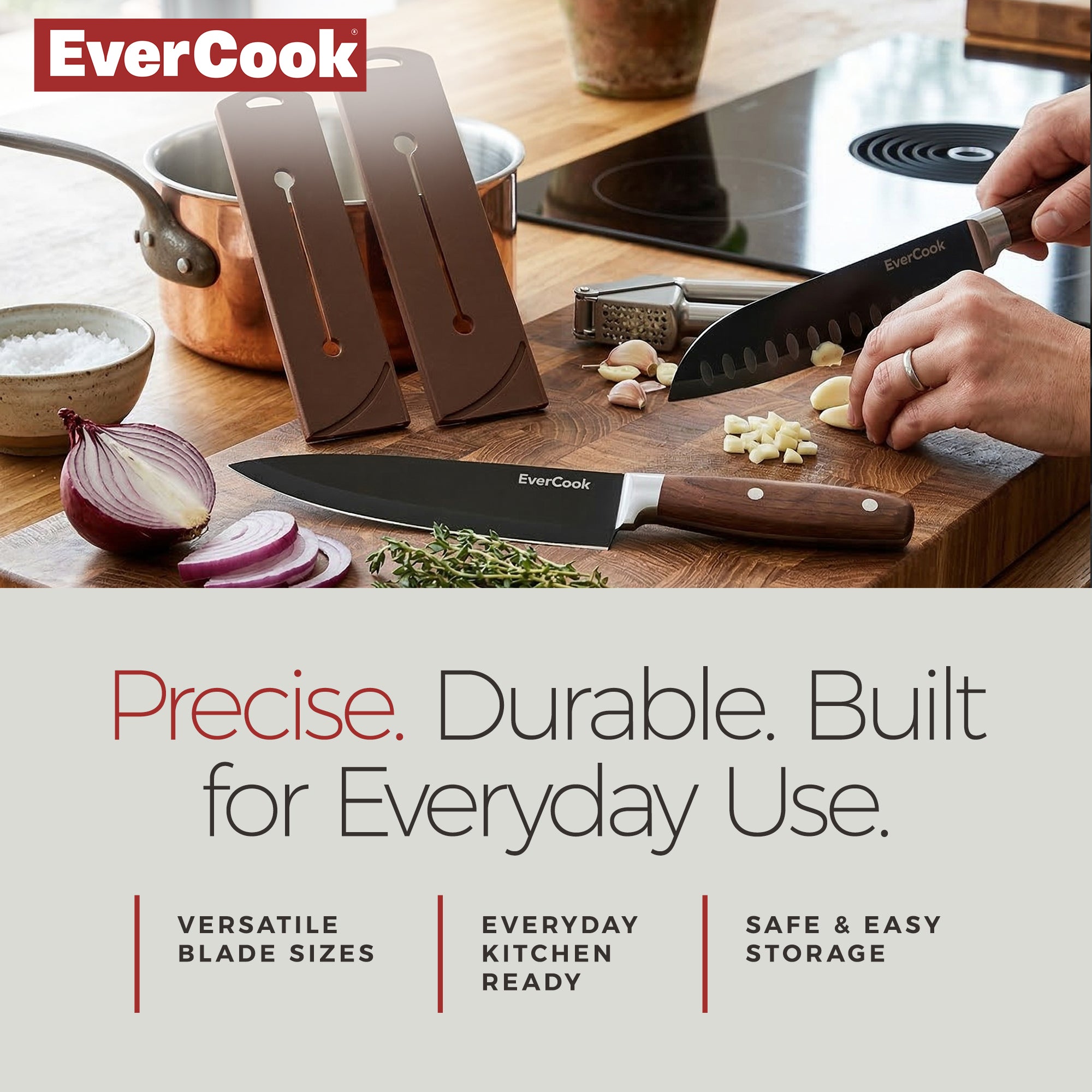 EverCook 4Pc Kitchen Knife Set with Blade Sheaths, 2.0 mm Black Stainless Steel