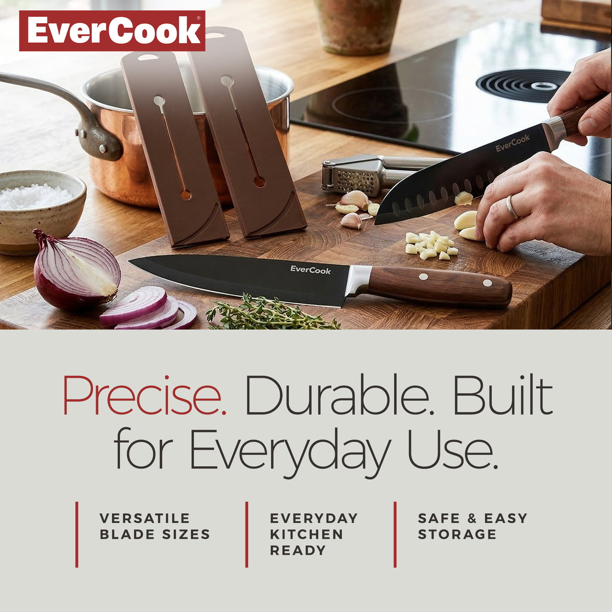 EverCook 4Pc Kitchen Knife Set with Blade Sheaths, 2.0 mm Black Stainless Steel - VMInnovations