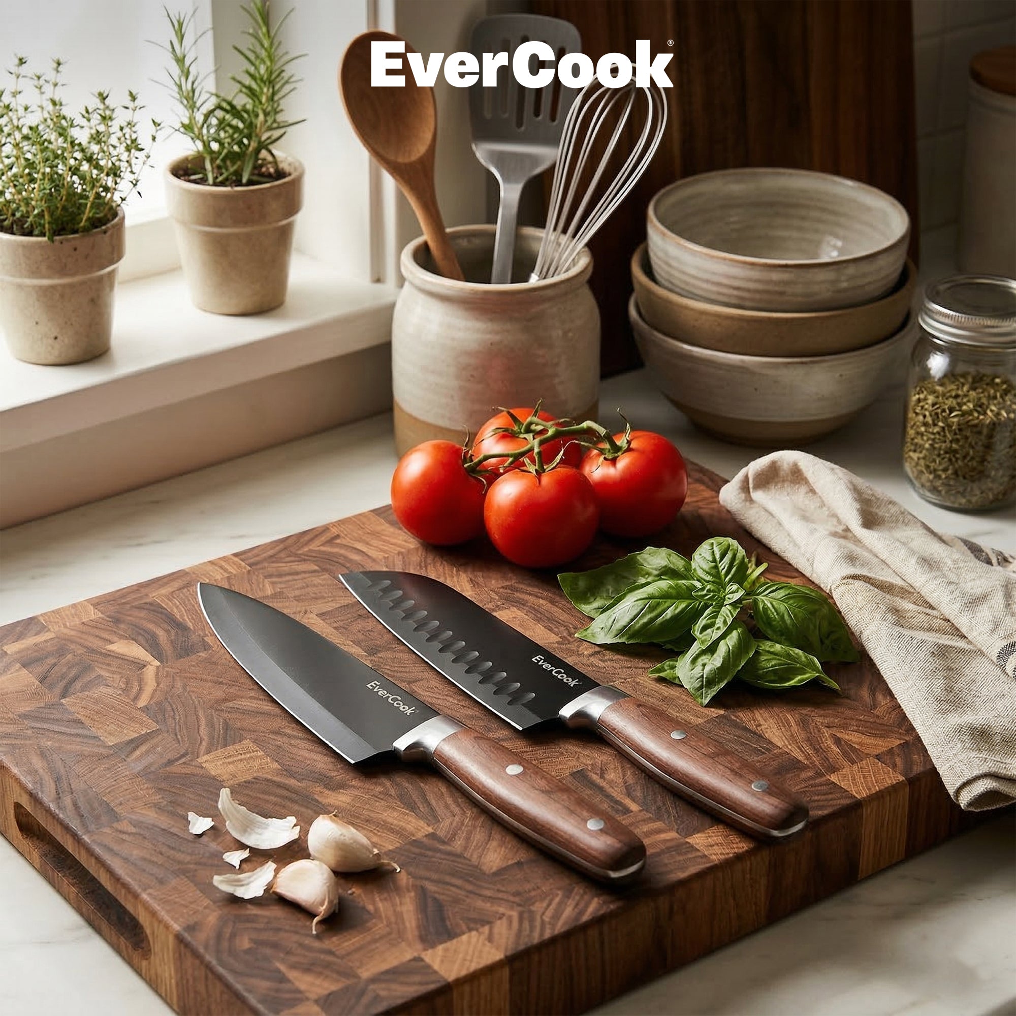 EverCook 4Pc Kitchen Knife Set with Blade Sheaths, 2.0 mm Black Stainless Steel