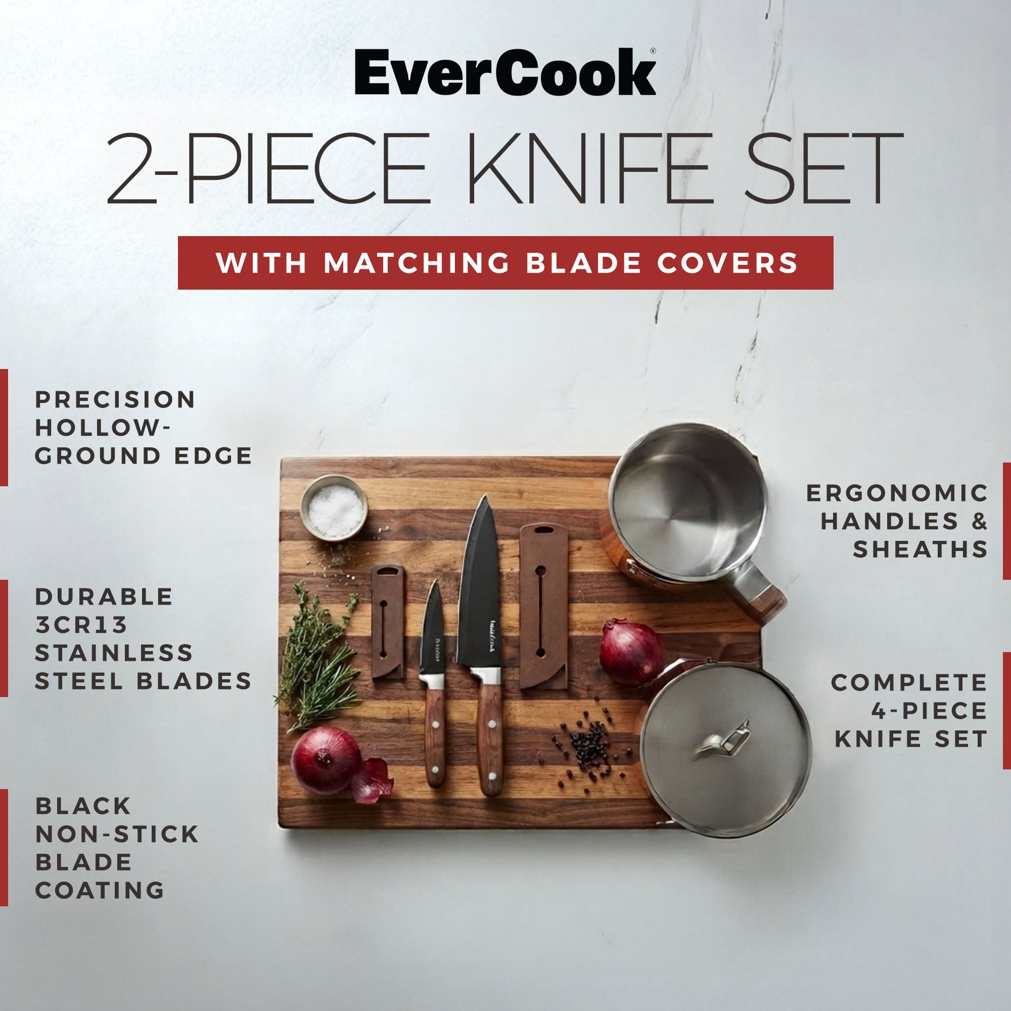 EverCook 4Pc Kitchen Knife Set w/ Blade Sheaths, 1.5/2 mm Black Stainless Steel - VMInnovations