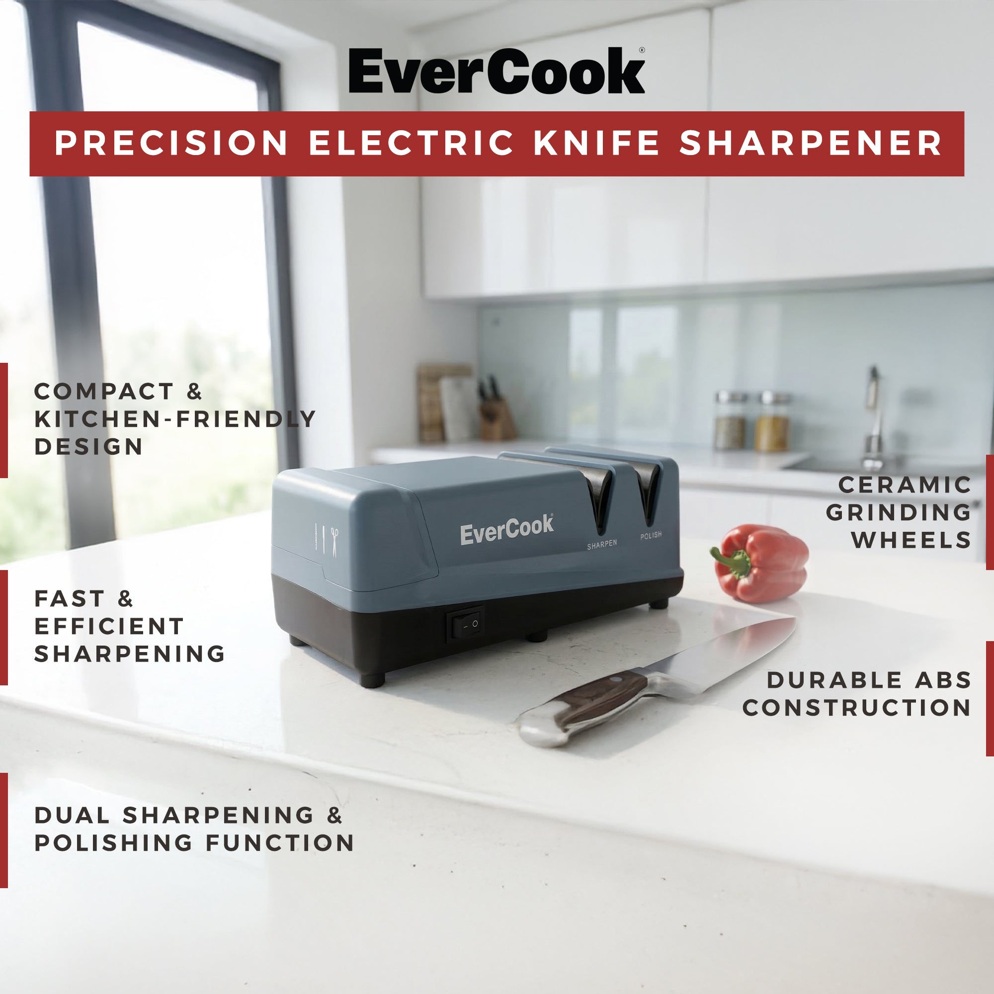 EverCook Electric Knife Sharpener, 2-Stage Ceramic Wheels, Multi-Tool Sharpening
