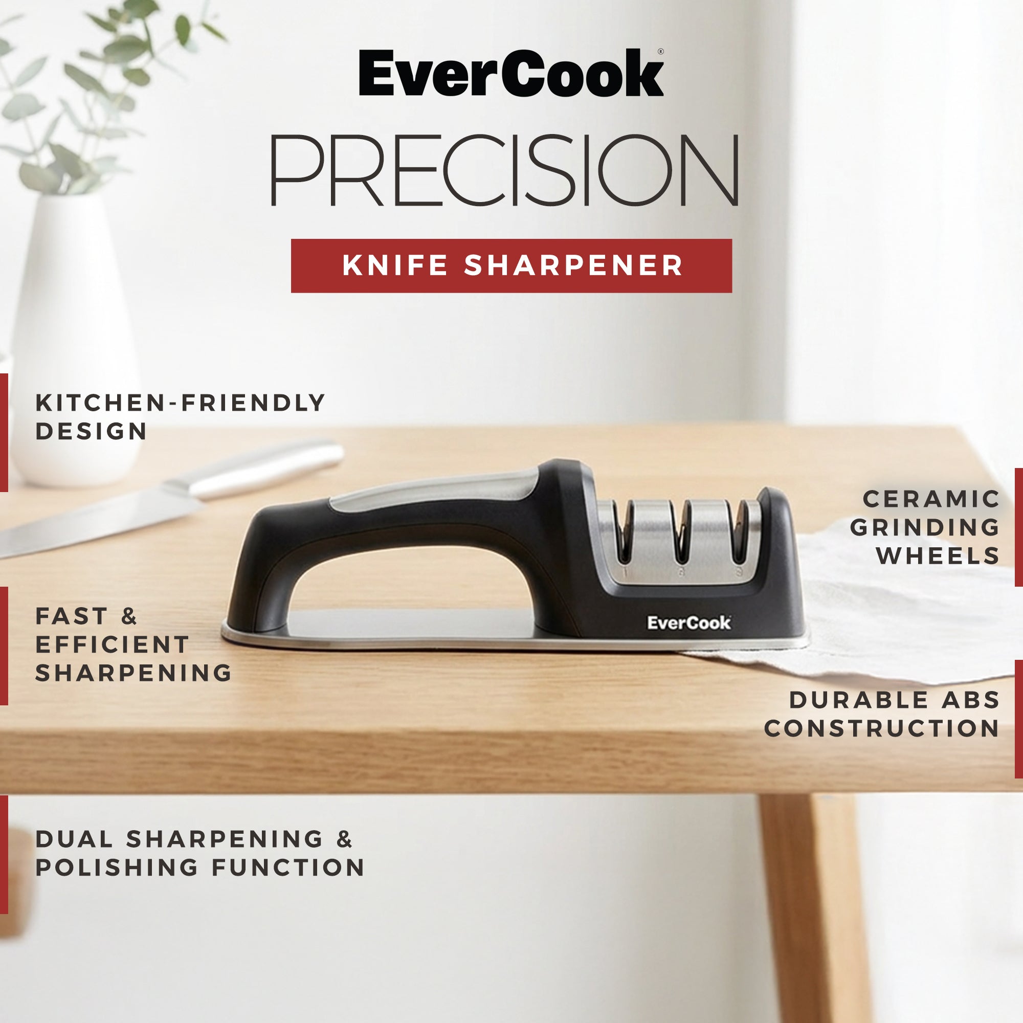 EverCook Precision Knife Sharpener for Kitchen Knives, 3-Stage Diamond Wheels - VMInnovations