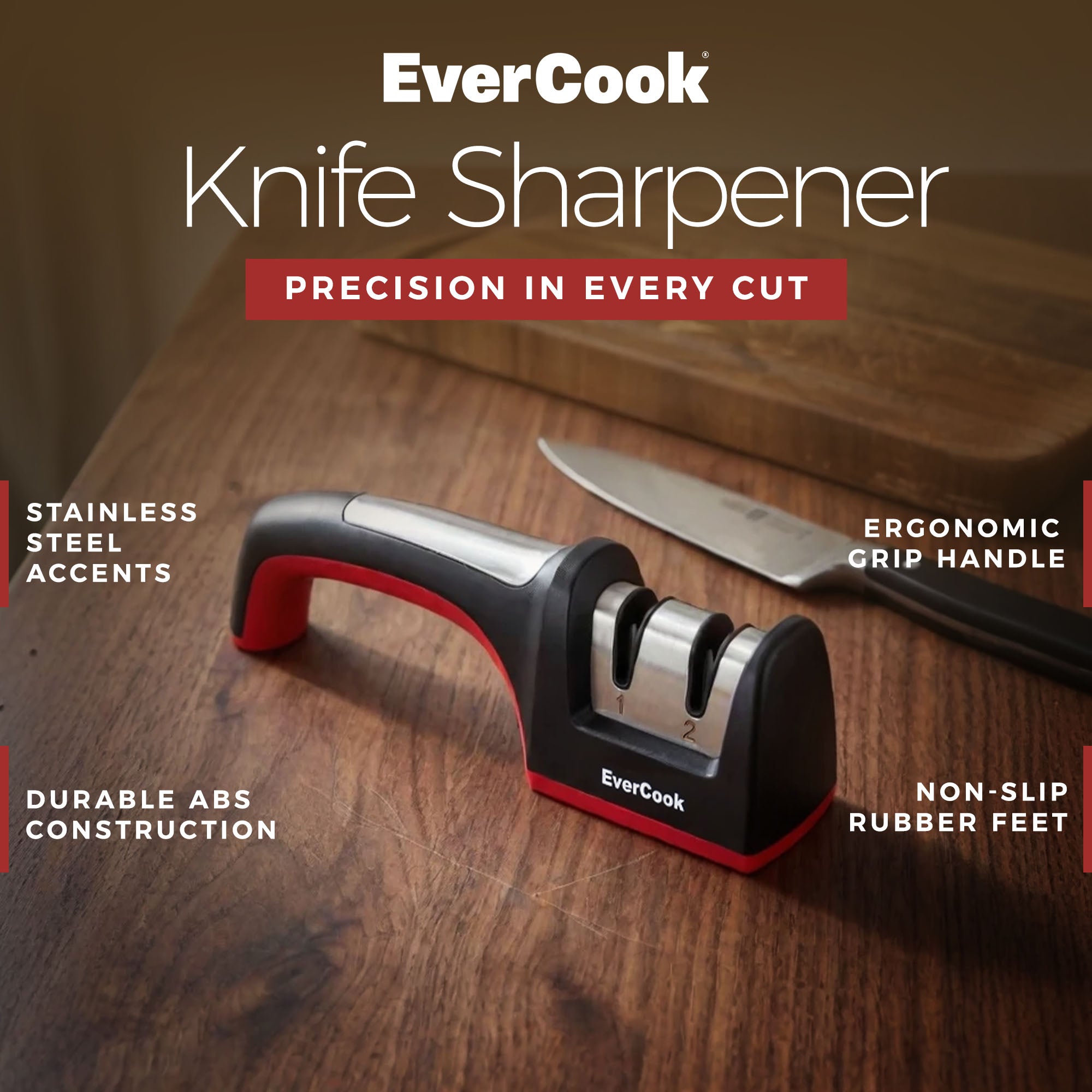 EverCook Precision Knife Sharpener for Kitchen Knives, 2-Stage Diamond Wheels - VMInnovations
